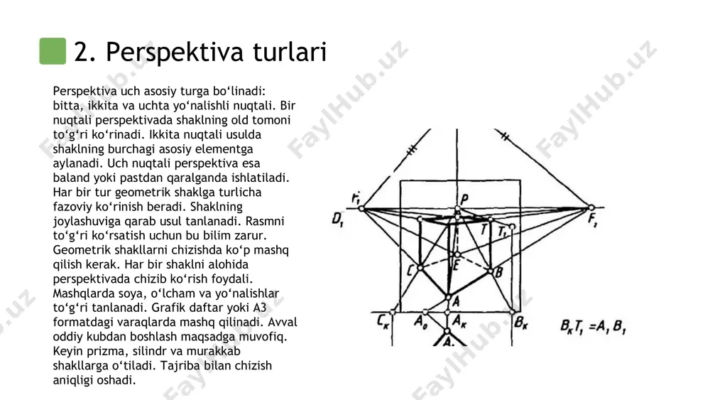 birinchi chiziladi. har bir qirra bir xil uzunlikda bo‘lishi kerak. yo‘nalish nuqtasiga qarab chuqurlik hosil qilinadi. prizmaning qirrali strukturalari uni oson chizishga yordam beradi. har tomon yo‘nalish chiziqlari bilan aniqlanadi. ushbu shakl chizmalar va texnik rasm uchun muhimdir. 🟩 6. konus va piramida koniya shakllarida yuqoriga torayuvchi chiziqlar bo‘ladi. konusda asos doira, piramidada esa ko‘pburchak asos bo‘ladi. ularning tepa nuqtasi bitta markazga yo‘naltiriladi. asosning proyeksiyasi aniqlik bilan chiziladi. qirralar tepa nuqtaga tortiladi. bunday shakllar simmetrik va markazlashtirilgan bo‘ladi. perspektivada ular kuchli fazoviy ko‘rinish beradi. perspektiv chizishda asosiy yordamchi vosita hisoblanadi. har bir geometrik shakl to‘r ustida aniq joylashtiriladi. to‘r yordamida nisbatlar, chuqurlik va yo‘nalish belgilanadi. rasm chizish ancha osonlashadi va aniqlik ortadi. qirrali shakllar to‘rga mos ravishda joylanadi. egri shakllar esa oraliq nuqtalar yordamida chiziladi. to‘r asosida chizilgan rasmda xatolik kam bo‘ladi. 🟩 7. geometrik shakllarni to‘rga joylashtirish to‘r — perspektiv chizishda asosiy yordamchi vosita hisoblanadi. har bir geometrik shakl …