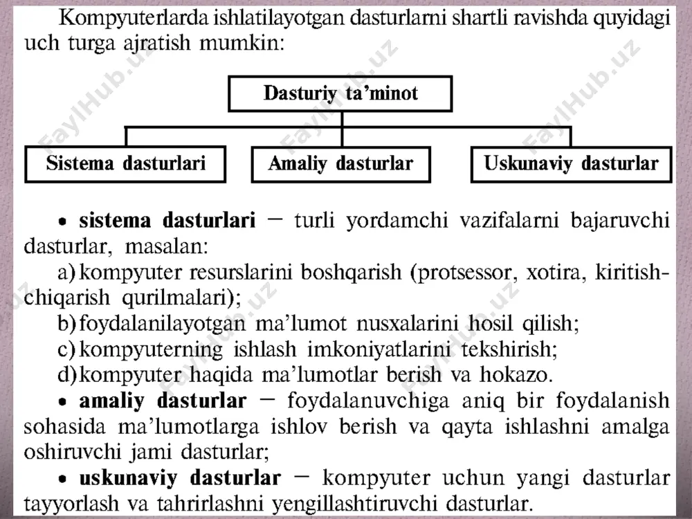 lmaydi. bu holda dastur qattiq interfeysga ega deyiladi. dastuming ishlash muhitiga (holatiga) qarab, dastur nografik (grafik bolmagan yoki matnli — a rasm) yoki grafik (b rasm) interfeysga ega deyish mumkin. dastur matnli interfeysga ega deyilishi dastur bilan ishlashda faqat klaviaturadan foydalanilishi yoki ma’lumotlar ekranda faqat matn ko‘rinishida aks ettirilishi bilan bog‘liq. agar dastur ishlashi jarayonida ekranda grafik tasvirlar aks ettirilsa va uni sichqoncha yordamida boshqarish mumkin bo‘isa, u holda bunday dasturlar grafik interfeysga ega deyiladi. lekin dasturlar bilan qurilmalaming o‘zaro munosabati (apparatli-dasturiy interfeys) yoki dasturlaming o‘zaro aloqasi (dasturiy interfeys) hech kim tomonidan kuzatilmaydi. chunki, birinchidan, dasturchilar har bir kompyuterda qanday qurilmalar o‘rnatilganini va qanday dasturlar borligini awaldan bilishmaydi. ikkinchidan, kompyuter qurilmalarini ishlab chiqaruvchilar esa bu qurilmalarni qanday dasturlar bilan ishlashiga to‘g‘ri kelishini awaldan bilishmaydi. shu sababli dasturiy ta’minot bilan apparatli ta’minot o‘rtasidagi muvofiqlashtirishni maxsus dastur — operatsion sistema o‘z zimmasiga oladi. foydalanuvchi kompyuter bilan muloqoti jarayonida o‘zi sezmagan holda kompyuteming …