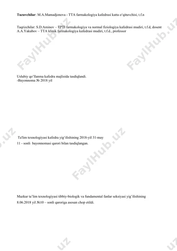 ktam, karbapenem, makrolid va azalidlar guruhlarining farmakodinamikasi, farmakokinetikasini, nojo’ya ta’sirlari haqida bilimini kengaytirish; - penisillin, sefalosporin, monobaktam, karbapenem, makrolid va azalidlar guruhlarining qo’llanilish uchun ko’rsatma, qarshi ko’rsatmalar to`g’risida bilimini mustahkamlash va kengaytirish; - penisillin, sefalosporin, monobaktam, karbapenem, makrolid va azalidlar guruhlarining umumiy farmakodinamika asosida dorilarning ta’sirini tahlil qilish va qo’llanilishini o’rgatish; - antibiotiklarni yuqorida ko’rsatilgan guruhlari bo’yicha resept yozish ko’nikmalarni rivojlantirish; - informasiyani analiz qilish, umumlashtirish, qiyosiy ta’riflash, tizimlashtirish ko’nikmalarini rivojlantirish; - kommunikativ ko’nikmalarni rivojlantirish. o`quv faoliyati natijalari: talaba bilishi kerak: - antibakterial ximioterapiyaning qo’llash asoslari; - antibiotiklar tasnifini va ta’sir mexanizmi; - ayrim guruh antibiotiklar – penisillin, sefalosporin, monobaktam, karbapenem, makrolid va azalidlarning organizmga ta’siri; - penisillin, sefalosporin, monobaktam, karbapenem, makrolid va azalidlar guruhlarining ta’sir mexanizmi; - penisillin, sefalosporin, monobaktam, karbapenem, makrolid va azalidlar guruhlarining qo’llash uchun ko’rsatmasini; - penisillin, sefalosporin, monobaktam, karbapenem, makrolid va azalidlar guruhlarining nojo’ya ta’sirini. talaba qila olishi kerak: - amaliy ko’nikmalarni bajarish – reseptura …