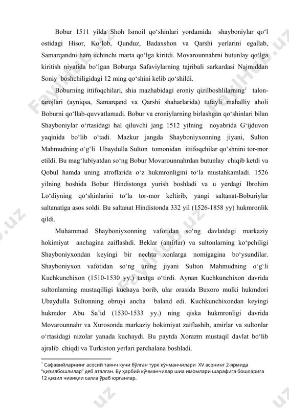 rushlarga birmuncha barham berishga erishgan ubaydulla sulton 1512 yilda buxoro hukmdori bo‘lgan bo‘lsa, 1533 yildan butun markazlashgan o‘zbek davlatining oliy hukmdori etib saylanadi. ubaydullaxon paytaxtni samarqanddan buxoroga ko‘chiradi. o‘sha paytda samarqand hukmdori bo‘lgan kuchkunchixonning o‘g‘li abdulla sulton ham ubaydullaxon hokimiyatini tan olishga majbur bo‘ldi. xvi asrning 40-yilariga kelib yirik zadagonlar va sulolalar o‘rtasida movarounnahrning poytaxt shaharlari va mulklari uchun o‘zaro kurashlar yana avj oldi. hukmdor xonadoni vakillari o‘rtasida ayniqsa buxoro va samarqand uchun kurash kuchaydi. bu davrda samarqandda kuchkunchixonning uchinchi o‘g‘li abdullatifxon (1541-1552 yy.) buxoroda esa ubaydullaxonning o‘g‘li abdulazizxon (1540-1550 yy.) hukmronlik qilib har ikkalasi ham o‘zini rasmiy xon deb hisoblar edi. o‘zaro hamda sulolaviy kurashlar davom etayotgan bir sharoitda shayboniyxonning nabirasi muhammad yorsulton bir necha oy taxtni boshqarganidan so‘ng amaldagi hokimiyat baroqxon (navro‘z ahmadxon, 1551-1556 yy.) qo‘liga o‘tdi. toshkent va sirdaryo bo‘yidagi shaharlar hukmdori bo‘lgan navro‘z ahmadxon buxoroda o‘z hokimiyatini tan oldirish uchun samarqand va movarounnahrning boshqa shaharlariga bir …