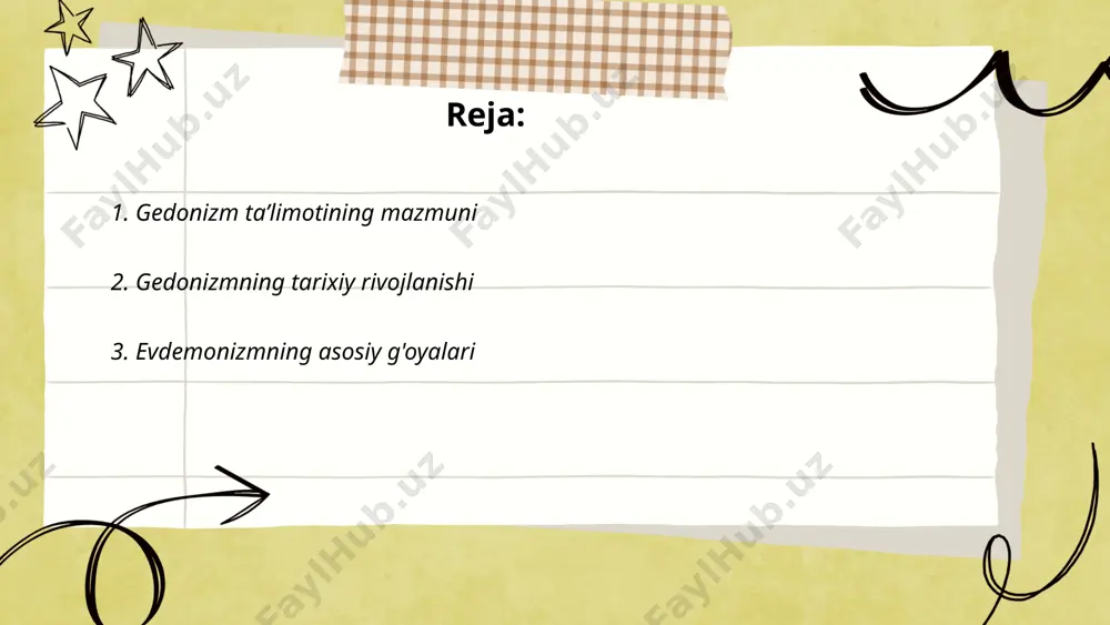 va epikur evdemonizmning asosiy tarafdorlari sifatida tanilgan. aristotelning fikricha, baxt – bu ruhning a'lo sifatlar bilan uyg'unligi hisoblanadi. evdemonizmning asosiy maqsadi inson hayoti mazmunini chuqurroq anglashi va o'z maxsus baxtini topishdir, bu esa axloqiy fazilatlar orqali amalga oshiriladi. ... t.me/slaydai_bot gedonizm va evdemonizm axloqiy ta'limotlarning ikki asosiy yo'nalishidir. gedonizm insonni shaxsiy lazzatlanish va zavqlanishni asosiy maqsad deb biladi. jumladan, antisfen va epikur kabi faylasuflar bu tushunchani rivojlantirgan. evdemonizm esa insonning baxt va ichki xotirjamlikka erishishini maqsad qiladi, aflotun va aristotel bu g'oyani qo'llab-quvvatlagan. bu ikki ta'limot insoniy axloqiy qarorlarning asosi sifatida tahlil qilinadi, ularning bir-biridan farqi shundaki, gedonizm jismoniy lazzatga urg'u bersa, evdemonizm ma'naviy va ruhiy farovonlikka alohida e'tibor beradi. ... t.me/slaydai_bot baxt va lazzat tushunchalari inson psixologiyasi va falsafasida muhim o‘rin tutadi. baxt odatda ichki qoniqish va hayotdan mamnunlik sifatida ta’riflanadi, lazzat esa jismoniy yoki ruhiy yoqimli hislar bilan bog‘liqdir. tadqiqotlar shuni ko‘rsatadiki, uzoq muddatli baxt uchun ijobiy munosabatlar, …