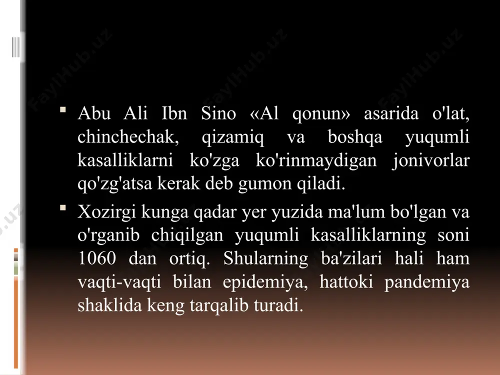 adi. sil mikrobakteriyalari chirish jarayonlariga ham chidamli bo‘lib, murda ko‘milganidan kegin ham bir necha oygachan ham saqlanib turadi. yuqish yo’llari 1) havo tomchi yo’li, chang bilan ( yo’talganda, aksirganda); 2) sil bilan kasallangan qora molning sutidan; 3) ona qornida yo’ldosh orqali bolaga yuqadi; 4) emizganda sut orqali ; 5) shikastlangan teri orqali; 6) idish tovoqlar o’rtada bo’lganda; klinik belgilari • surunkali (3 haftadan ko‘proq) yo‘tal, ko‘pincha uyqudan turgandan so‘ng zo‘rayadi. • tana harorat biroz ko‘tariladi va odam kechasi terlaydi. • ko‘krak qafasida og‘riq bo‘lishi mumkin. • odam ozib quvatsizlanib boradi. og‘ir yoki o‘tib ketgan hollarda: • odam yo‘talib, qon tuflaydi (odatda biroz, lekin ba’zi hollarda ko‘p qon tuflaydi). • terining rangi o‘zgarib, mumday bo‘lib qoladi. qoramag‘iz odamning terisi, ayniqsa, yuzlari oqaradi. • ovozi mumtazam xirillaydi .yosh bolalarda yo‘tal kech paydo bo’lishi mumkin. prafilaktika va sanitariya gigiyena chora tadbirlari sil kasalligiga chalingan bemorlar bilan muloqatdi cheklash ovqat ratsionini to’g’ri yo’lga qo’yish(sifatli …