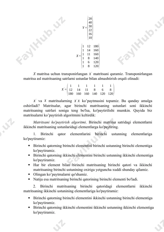 i formula orqali topamiz: teskari matritsa va matritsa ko’paytmasi ni hisoblaymiz: ushbu topilgan elementlar ko’p omilli chiziqli regressiya tenglamasi parametrlari hisoblanadi: xulosa: oila mol-mulki o’zgarmagan holatda daromadi 1 birlik (1 mln. som) ka oshsa, oila jamg’armasi 3,5658 birlik (mln. so’m) ka ko’payadi. oila daromadi o’zgarmagan holatda mol-mulki 1 birlik (1 mln. so’m) ka oshsa, jamg’armasi 0,1137 birlik (mln. so’m) ka kamayadi. ● 15 mln. so’m daromad va 190 mln. so’m mol-mulkka ega oila jamg’armasini qanday bo’lishini taxmin qilamiz: bizning holatda , u holda qurgan regressiya tenglamamizga asosan oila jamg’armasi million so’mni tashkil etishi mumkin. ● oilaning mol-mulki o’zgarmagan holda daromadi 5 mln. so’mga oshsa, jamg’arma o’sishini baholaymiz. regressiya tenglamamiz: ning qiymati 5 birlikka oshsa va ning qiymati o’zgarmasa, u holda y – jamg’arma mln. so’mga oshadi. ● agar oilaning daromadi 3 mln. so’mga a va mol-mulki qiymati 5 mln. so’mga oshsa, oila jamg’armasi qanday o’zgarishini baholaymiz. regressiya tenglamamiz: ning qiymati …