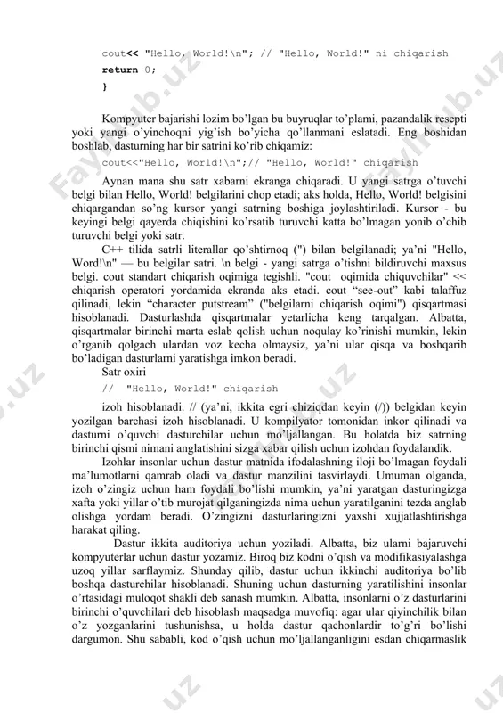 ir qancha usullar va qurilmalarni ko’rib chiqamiz. birinchi klassik dastur. birinchi klassik dasturlarni variantlarini keltiramiz. u ekranga hello, world! xabarini chiqaradi. // bu dastur ekranga "hello, world! xabarini chiqaradi" #include "std_lib_facilities.h" intmain() // c++ da dasturlar main funksiyasidan boshlanadi { cout > first_name; // first_name o’zgaruvchiga belgilarni o’qib olamiz cout > first_name; // first_name o’zgaruvchisiga belgilarni o’qib olamiz cin (“si-in” singari o’qiladi, ingilizcha character input so’zlari qisqartmasidir) nomi standart kutibhonada e’lon qilingan standart oqim kirituviga tegishli. keyinigi >> (kirituv) operatorining operandi kirituv natijasi saqlanadigan joyni ko’rsatadi. demak, agar biz nicholas ismini kiritib yangi qatorga o’tganimizda (ya’ni enter tugmasini bosganimizda) “nicholas” satri first_name o’zgaruvchisining qiymatiga aylanadi. yangi qatorga o’tish kompyuterning e’tiborini jalb yetish uchun muhim. yangi qatorga o’tilmagunga qadar (enter tugmasi bosilmagunga qadar) kompyuter shunchaki belgilarni to’plab boradi. bu kutish bizga ba’zi belgilarni o’chirish yoki boshqa belgilar bilan almashtirish imkonini beradi. first_name o’zgaruvchisiga qiymatni kiritganimizdan so’ng uni kelgusida ishlatishimiz mumkin bo’ladi. …