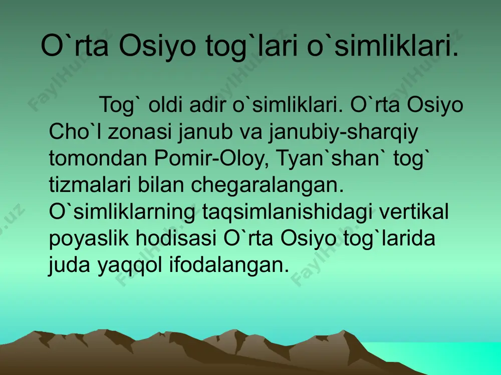 llik boshoqdosh o`simliklardan-bug`doyiq eng ko`p tarqalgan bo`lib, uning bo`yi 50-70 sm ga etadi, ikki pallali o`simliklarning qurg`oqchilikka chidamli ba`zi turlari , masalan ;qo`ziquloq .astragal, sentavriya, esparset ,isparak va boshqalar bug`doyiqqa aralashgan holatda o`sadi. yaylovlar poyasning pastki qismida o`tformasiyalardan tashqari yer bag`irlab o`sadigan turkiston archasi, va uchqatning, ba`zi turlaridan iborat buta daraxtlar ham uchraydi. bu poyasining yuqori qismida dengiz satxidan 2300 - 3500 balandda kichik - kichik o`tloqlar uchraydi. bu o`tloqlarda boshoqdoshlar, ayiqtovonlar, beshbarglardan, hosil bo`lgan past bo`yli o`t chala butalar o`sadi .baland tog`lar poyasining o`tloq va dasht o`simliklariyozda juda yaxshi yaylov hisoblanadi, lekin tyanshanning betaga o`sadigan bu dasht yerlarida mollar yil bo`yi boqiladi. image1.jpeg image2.jpeg image3.jpeg image4.jpeg image5.jpeg image6.jpeg image7.jpeg image8.jpeg image9.jpeg
