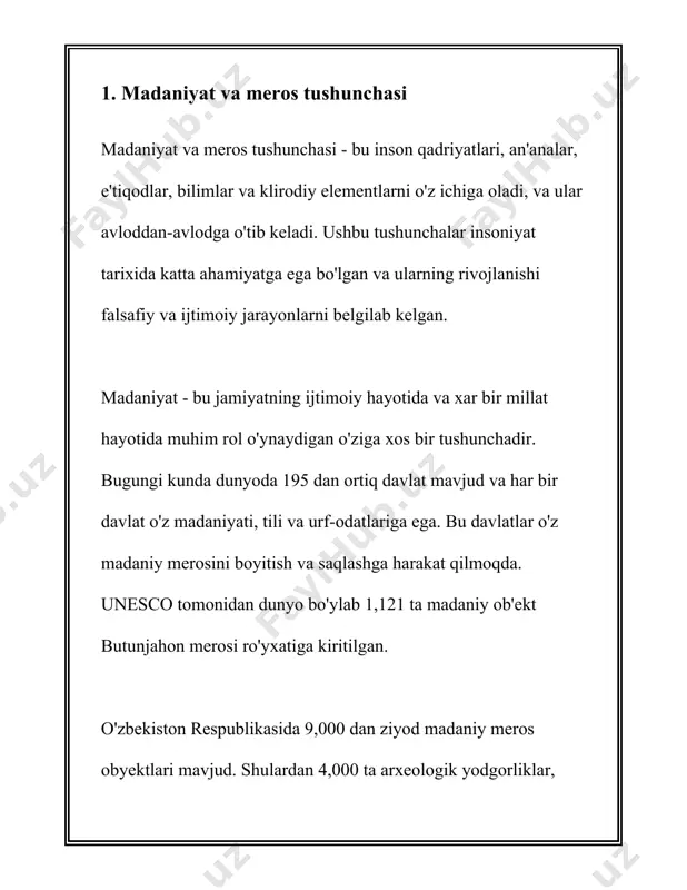 aqlanishi va asrab-avaylashiga katta e’tibor berilmoqda. 1992-yilda qabul qilingan “madaniy meroslarni himoya qilish qonuni” ushbu meroslarning himoyasi uchun muhim huquqiy asos yaratdi. ushbu qonun doirasida 2010-yilda “madaniy meros” markazi tashkil etildi, bu markazning asosiy vazifasi arxeologik va tarixiy obyektlarning saqlanishini ta’minlashdan iboratdir. mamlakatda prezident qarorlari va farmonlari orqali qabul qilingan turli davlat dasturlari ham mavjud bo‘lib, ular tarixiy qadamjolarni restavratsiya qilish, ularning xalqaro darajadagi targ‘iboti va saqlanishiga qaratilgan. 2010-yildan 2021-yilgacha bo‘lgan davrda mamlakatda ko‘plab obyektlar restavratsiya qilinib, yangilandi. masalan, qo‘qon, namangan va andijon viloyatlarida har yili o‘rtacha 10-15 obida restavratsiya qilinadi. 2023-yilda o‘zbekiston hukumati tomonidan tarixiy yodgorliklarni saqlash uchun 50 milliard so‘m mablag‘ ajratildi. bu mablag‘lar restavratsiya, ta’mirlash va rivojlantirishga yo‘naltirilmoqda. shu bilan birga, xususiy investitsiyalar ham jalb qilinmoqda va turizmning rivoji orqali tarixiy meroslar saqlanishiga qo‘shimcha resurslar yaratilyapti. xalqaro miqyosda ham o‘zbekiston tarixiy meroslarni himoya qilish borasida yunesko bilan samarali hamkorlik qilib kelmoqda. yunesko tashkiloti o‘zbekiston hududidagi tarixiy obidalar …