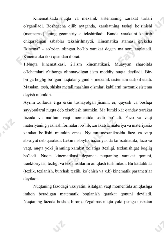 hilik xollarda dekart qutb va tabiiy koordinatalar sistemalari qo`llaniladi. nuqtaning xarakati vaqtida ketma-ket vaziyatlarini ifodalaydigan nuqtalarning geometrik o`rni traktoriya deyiladi. xarakat nuqta traektoriyasiga qarab to`gri va egri chiziqli xarakatlarga, nuqta xarakatining jadalliga qarab tekis va notekis xarakatlarga bo`linadi. nuqtaning xarakati asosan vektor koordinatalar va tabiiy usulda beriladi. radius vektor yoki vektor usulda nuqta xarakatini o`rganish mexanika masalalarini echishda ancha qulaylik tugdiradi. radius-vektor ta`rifidan ko`rinadiki xarakatlanadigan nuqtaning traektoriyasi bu radius-vektor oxirining geometrik o`rnidir. radius-vektor uch elementga: qo`yilish nuqtasi (0 nuqta) modulga (oa kesma uzunligi) va yo`nalishga ega (1-rasm). ketma-ket vaqt davomida radius vektorning oxirini ifodalaydigan chiziq radius vektorning godografi deyiladi. radius vektorning godografi bu xarakatlanadigan nuqtaning traektoriyasidir. (1- rasm) dan agar r-ning fazodagi vaziyatini aniqlay olsak, a nuqtaning xam vaziyatini aniqlay olsak, a nuqtaning xam vaziyatini aniqlagan bo`lamiz. a nuqtaning vaziyatini aniqlash uchun r-ni vaqtning funktsiyasi sifatida ifodalash lozim. 40-rasm 41-rasm tabiiy usulda nuqtaning xarakati o`sha nuqtaning traektoriyasi bo`ylab o`rganiladi. endi …