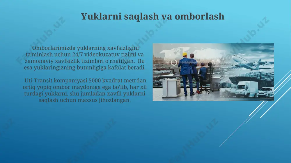 yetkazib berish muddatlarini bashorat qilishga yordam beradi. kelajakdagi rejalar va istiqbollar uti-transit kompaniyasi kelgusi 5 yil ichida transport vositalarini 20% ga oshirish va shuningdek, xalqaro yuk tashish bozoriga kirib, yangi 10 ta yo'nalishni ochishni rejalashtirmoqda. kompaniya raqamli texnologiyalarni joriy etish orqali logistika jarayonlarini optimallashtirishni va samaradorlikni 15% ga oshirishni maqsad qilgan. bu esa xarajatlarni kamaytirish va mijozlarga yanada sifatli xizmat ko'rsatish imkonini beradi. raqobatbardoshlik afzalliklari uti-transit 200 dan ortiq malakali xodimlarga ega boʻlib, ularning 70% logistika sohasida 5 yildan ortiq tajribaga ega, bu esa xizmat sifatini yuqori darajada ushlab turishga imkon beradi. uti-transit kompaniyasi 15 yildan ortiq tajribaga ega boʻlib, logistika bozorida mustahkam oʻrin egallagan va 90% mijozlarning qayta murojaatlarini taʼminlaydi. e'tiboringiz uchun rahmat @taqdimot_robot image1.jpg image2.jpg image3.jpg image4.jpg image5.jpg image6.jpg image7.jpg image8.jpg image9.jpg image10.jpg image11.jpg image12.jpg image13.jpg image14.jpg image15.jpg image16.jpg