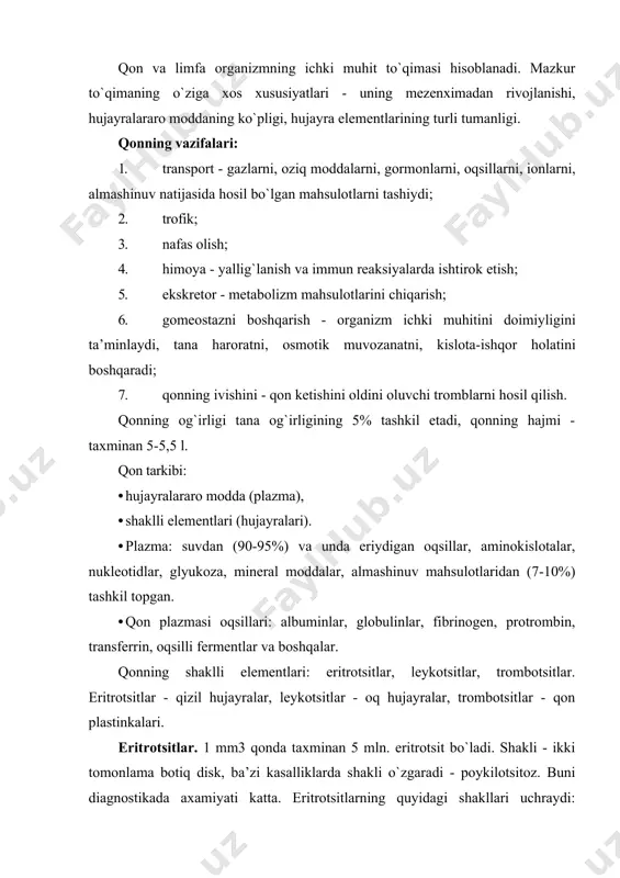 m. 6 mkm dan kichiklari - mikrotsitlar, 9-12 mkm - makrotsitlar. qonda anomal o`lchamdagi eritrotsitlarning paydo bo`lishi anizotsitoz deyiladi. eritrotsitlarning tuzilishi va tarkibi: 66% - suv, taxminan 33% - gemoglobin. gemoglobinning oqsil qismi globin va pigmenti – gemdan tuzilgan. bundan tashqari fermentlar va lipidlarga ega. eritrotsitlar yopishqoq – ustunsimon tangalar hosil qilishi, elastik kapillyarlardan o`tish xususiyatlariga ega. eritrotsitlar hujayra membranasi bilan o`ralgan va yadrosiz. elektron mikroskopda sitoplazmasi zich, gemoglobin (hb) donachalar tutadi, anemiyada bazofil kiritmalar paydo bo`ladi. vazifasi – gemoglobin, kislorodni biriktirib oladi (oksigemoglobin) va eritrotsitlar hamma hujayralarni kislorod bilan doimiy ta’minlaydi. eritrotsitlar co2 ni to`qimalardan o`pkaga transportida ishtirok etadi. bu vazifasi eritrotsitlar tarkibida karboangidraza fermentining bo`lishi bilan bog`liq. oksigemoglobin yuz terisi, lablarda va shilliq pardalarga pushti rang beradi. qonning oksigenligini buzilishi ularning rangini o`zgartiradi – sianoz. gemoglobin uglerod oksidini (co) biriktirib, karboksigemoglobinni hosil qiladi – uning natijasida o2 ning tashilishi buziladi. gemoglobinning miqdori ayollarda – 13,5 g/100 ml, erkaklarda …