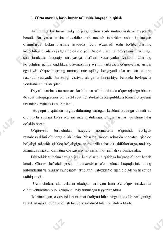 nat faoliyati bilan birgalikda olib borilganligi tufayli ularga huquqni o`qitish huquqiy amaliyot bilan qo`shib o`tiladi. o`rta maxsus, kasb-hunar ta`limining mutaxassisligigaqarab o`qituvchi huquqiy bilim berishda mavzuning nazariy va amaliy qismlarini, shu sohaga aloqador huquqiy normalar bilan to`ldirishi kerak. 2. oliy ta`limda huquqni o`qitish oliy o`quv yurtlarida «huquqshunoslik» fani ikki yo`nalishda o`qitiladi: 1) umumiy tushunchada huquqiy bilim berish; 2) mahsus tarzda huquqiy bilim berish. umumiy huquqiy bilim noyuridik oliy ta`limdagilarga muljallangan. maxsus huquqiy bilimni bo`lajak huquqshunoslarni tayyorlashga qaratilgan oliy ta`limda beriladi. masalan, respublikamizning hamma pedagogik oliy ta`limida umumiy huquqiy bilim beriladi, ular qoshidagi «huquqshunos, ma`naviyat va ma`rifat asoslari» mutaxassisliklari uchun maxsus huquq bilimi beriladi. yuridik institututlar va fakultetlarda esa to`liq huquqiy bilim berilib huquqshunos o`qituvchilari va huquqni himoya qiluvchi davlat organlari uchun mutaxasislar tayyorlanadi. professor-o`qituvchi ma`ruza boshlashdan oldin talabalarga ma`ruza rejasini, mahsus adabiyotlarni yozdiradi va ma`ruza matni bo`lsa, ularga tarqatadi. o`rta maxsus, kasb-hunar ta`limidan farqliroq oliy ta`limda huquq o`qituvchisi fan takrorlanmasligiga, talabalarning …