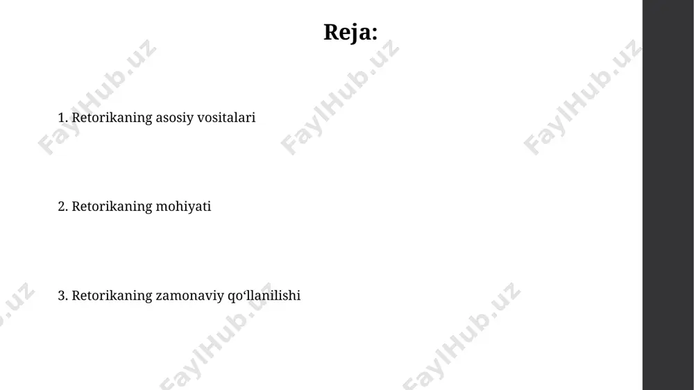 lishlarni belgilab berdi. 20-asrning boshlarida rossiyaning 3 ta yirik shahri – moskva, sankt-peterburg va kazan – da ritorik vositalardan foydalanish uslublari sezilarli darajada farq qilar edi, bu mintaqaviy madaniy farqlar bilan bog'liq edi. retorika va manipulyatsiya риторикани 19-asr oxiri va 20-asr boshlarida rossiya imperiyasi hududida, xususan, sankt-peterburg universitetlarida o'qitilgan uslublar manipulyatsiya vositalariga aylanishi mumkin edi. axborot urushlari davrida, masalan, 2008 yilgi gruziya voqealari chog'ida, retorika va manipulyatsiya ommaviy axborot vositalari orqali 20 milliondan ortiq odamga ta'sir ko'rsatdi. retorikaning mohiyati риторика нафақат нутқ маҳорати, балки маълумотни 70% гача самарали етказиш, аудиторияни ишонтириш, мисол учун, тошкентдаги конференциядаги тақдимотларда муваффақият калити ҳисобланади. антик даврда, афина шаҳрида риторика санъати 3 та асосий тамойил – этикос (ахлоқ), пафос (ҳис-туйғу) ва логос (мантиқ) – асосида ривожланган ва бугунги кунда ҳам долзарбдир. retorikaning zamonaviy qo'llanilishi ijtimoiy tarmoqlarda, youtube’dagi 5 millionlik obunachilarga ega bo'lgan blogerlar kabi, influencer marketingda retorikaning 3 asosiy vositasi – etos, pathos va logos – …