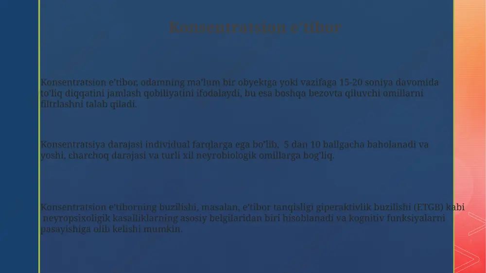 anuvchi e'tibor bir vaqtning o'zida 2-4 ta, ba'zan undan ham ko'proq, mulohazalarni bajarishga imkon beradi, lekin har bir vazifaga sarflangan vaqt va kuch miqdori kamayadi. e'tiboringiz uchun rahmat @taqdimot_robot image2.png image3.png