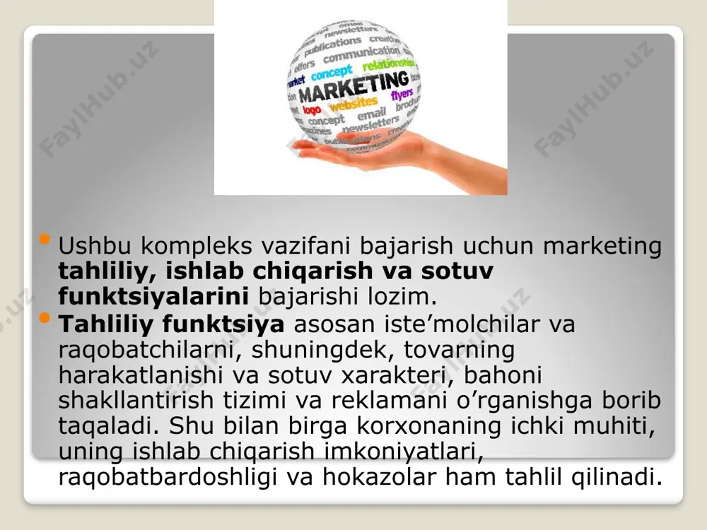 maqsadli segmentga, raqobatchilarning undagi o’rnini hisobga oladigan alohida marketing strategiyasi ishlab chiqiladi. bunda umumiy yo’nalishlar hamda marketing kompleksi har bir tashkil etuvchisining ichki strategiyasi (tovar, baho, sotish va kommunikativ siyosat) ishlab chiqiladi. image2.jpeg image3.jpeg image4.jpeg image5.jpeg image6.png image7.jpeg image8.jpeg image9.jpeg image10.jpeg /docprops/thumbnail.jpeg
