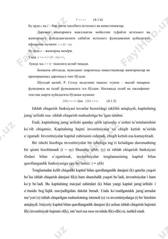 tezlashishini ko`zda tutadi. oldin aholining o`sishi omilini ko`zatamiz. aholi soni o`sgandagi kapital bilan qurolanganlikning muvozanatli darajasi. aholi doimiy (n) sur’at bilan o`sadi deb tasavvur qilamiz. ishchilar sonining ko`payishi boshqa teng sharoitlarda mehnatning kapital bilan qurollanishining qisqarishiga olib kelishi mumkin. natijada, bir ishchiga kapital zahirasi o`zgarishini ko`rsatuvchi tenglama quyidagi ko`rinishga ega bo`ladi: mehnatning kapital bilan qurolanganligi pasayishi tufayli uni oldingi darajada saqlab turish uchun investitsiyalarning kapital chiqib ketishini qoplaydigan hajmi zarur. matematik jihatdan o`zgarmas kapital bilan qurolanganlik sharoitidagi iqtisodiyotda barqaror muvozanatni ifodalovchi bu talab quyidagi ko`rinishga ega bo`ladi: tenglamadagi (d+n) r investitsiyalarning kritik kattaligini xarakterlaydi. ya’ni bir ishchiga to`g`ri keladigan kapitalni doimiy o`zgarmas darajada saqlab turadigan hajmini ifodalaydi. aholi o`sishining hisobga olgan holda r. solou modelini grafik jihatdan ifodalash uchun mehnatning kapital bilan qurollanganligi barqaror darajasini (r*) deb belgilaymiz. aniqlaganimizdek, agar bir ishchiga to`g`ri keladigan kapital (r=const) bo`lsa iqtisodiyot muvozanat holatida bo`ladi. agar r1 r*, unda investitsiyalar ularning kritik darajasidan past …