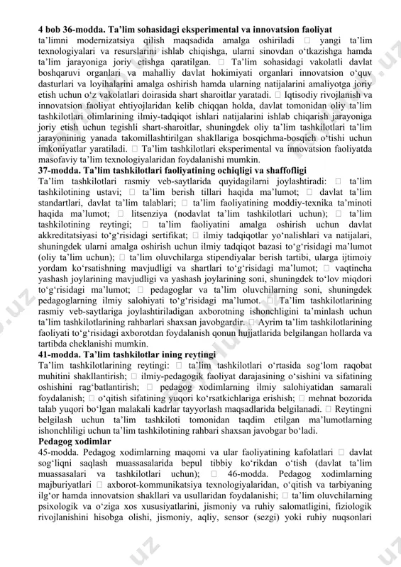 atilgan barcha shakllarini o‘z ichiga oladi, shuningdek rasmiy, norasmiy va informal o‘qitish jarayonlarining butun majmuini qamrab oladi.  rasmiy ta’lim davlat ta’lim muassasalari hamda davlat tomonidan tan olingan akkreditatsiyadan o‘tgan nodavlat ta’lim tashkilotlari ishtirokidagi institutsionallashtirilgan (muayyan qoidalar va normalarni mujassamlashtiruvchi), aniq maqsadga yo‘naltirilgan va rejalashtirilgan ta’limdir.  norasmiy ta’lim ta’lim xizmatlari taqdim etilishini ta’minlovchi shaxs yoki tashkilot tomonidan institutsionallashtirilgan (muayyan qoidalar va normalarni mujassamlashtiruvchi), aniq maqsadga yo‘naltirilgan va rejalashtirilgan bo‘lib, shaxsni butun hayoti davomida o‘qitishdagi rasmiy ta’limga qo‘shimcha va (yoki) uning muqobilidir.  informal ta’lim aniq maqsadga yo‘naltirilgan, ammo institutsionallashtirilmagan (muayyan qoidalar va normalarni mujassamlashtirmagan), rasmiy yoki norasmiy ta’limdan ko‘ra kamroq tashkillashtirilgan va tarkiblashtirilgandir hamda oiladagi, ish joyidagi, yashash joyidagi va kundalik hayotdagi o‘quv faoliyatini o‘z ichiga olishi mumkin. 20-modda. inklyuziv ta’lim inklyuziv ta’lim alohida ta’lim ehtiyojlari va individual imkoniyatlarning xilma-xilligini hisobga olgan holda barcha ta’lim oluvchilar uchun ta’lim tashkilotlarida ta’lim olishga bo‘lgan teng imkoniyatlarni ta’minlashga qaratilgan.  jismoniy, aqliy, …