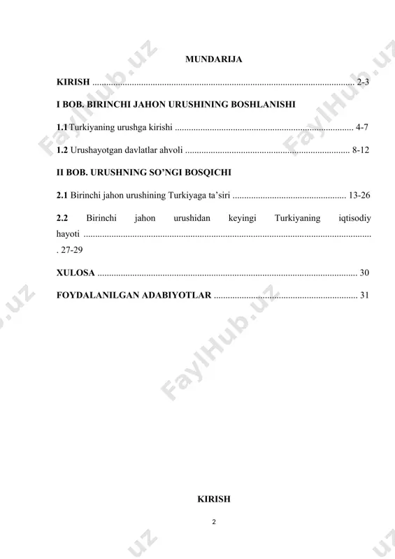 belgilandi. xususan uning iqtisodiyotini tahlil qilamiz va ijtimoiy hayotini o’rgangan holda vazifalarni belgilab olamiz. tadqiqotning usullari: tarixiylik, tizimlashtirish, qiyosiy, muammoviyxronologik hamda fanlararo yondashuv kabi ilmiy tadqiqot usullari hamda xolislik tamoyillaridan foydalanildi. tadqiqotning o’rganilganlik darajasi. алиев г.з. турция в период правления младотурок, ближний восток: проблемы региональной безопасности, внешнеэкономические связи османской империи в новое время (конец xviii - начало xx в, еремеев д.е., мейер м.с. история турции в средние века и новое время, история востока. т. iv. восток в новое время (конец xviii -начало xx вв.), киреев н.г. история этатизма в турции, курпалидис г.м. государство великих сельджукидов, мейер м.с. османская империя в xviii веке. черты структурного кризиса, петросян ю.а. османская империя. могущество и гибель, devrin yazarlarının kalemiyle gazi mustafa kemal. i-ii. i̇stanbul, eldem v. osmanli i̇mparatorlugu’nun i̇ktisadi şartları hakkında bir tetkik. ankara kabi adabiyotlardan foydalanildi. kurs ishi tarkibining qisqacha tavsifi. kurs ishi kirish, 2 ta bob, 4 ta paragraf, xulosa, foydalanilgan manbalar …