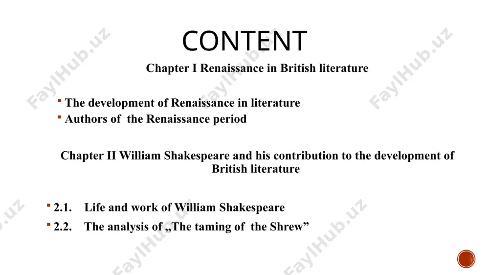 monarchs(1603-1649). authors of the renaissance period sidney philip (1554-1568) edmurd spenser (1552-1599) thomas (1478-1535) christopher marlowe (1564-1593) william shakespeare william shakespeare (baptized april 26, 1564 – april 23, 1616) was an english poet and playwright, widely regarded as the greatest writer in the english language and the world’s preeminent dramatist. his surviving works consist of 38 plays, 154 sonnets, two long narrative poems, and several shorter poems. his plays have been translated into every major living language and are performed more often than those of any other playwright. the taming of the shrew the taming of the shrew is a comedy by william shakespeare, believed to have been written between 1590 and 1592. the play begins with a framing device, often referred to as the induction, in which a mischievous nobleman tricks a drunken tinker named christopher sly into believing he is actually a nobleman himself. the nobleman then has …