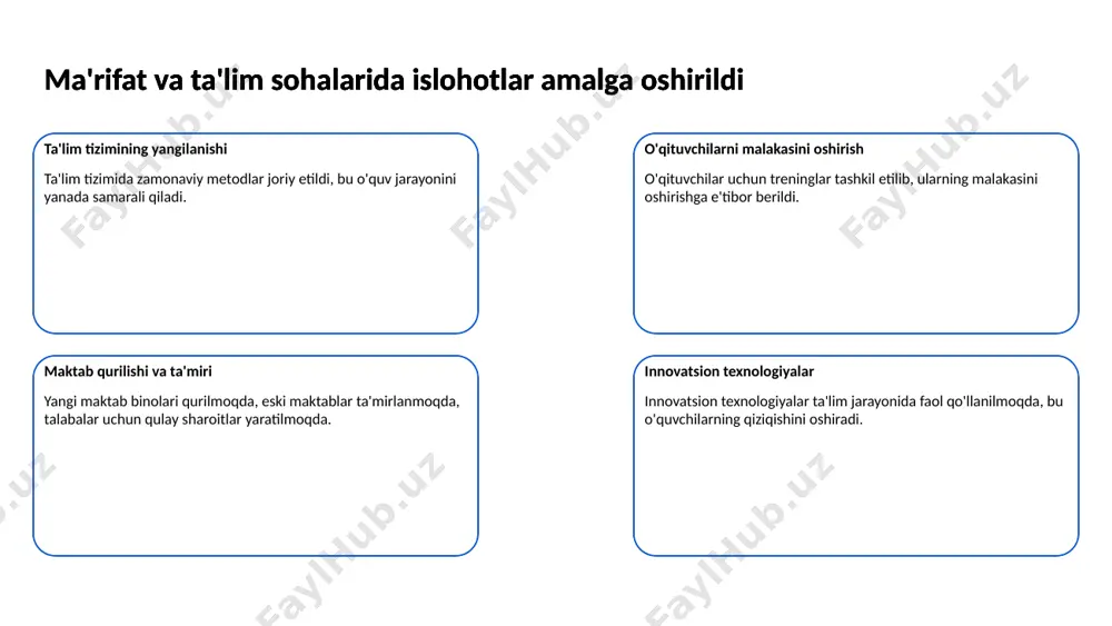 ini tanib olish imkonini beradi. 11 ta'lim tizimida innovatsiyalar kiritish zarur innovatsiyalar ahamiyati ta'lim tizimida innovatsiyalar kiritish zamonaviy jamiyatda zaruratdir. ular o'quv jarayonini samarali qilishga yordam beradi. ta'lim tizimida innovatsiyalar kiritish zarur yangi texnologiyalar yangi texnologiyalar, masalan, raqamli platformalar, o'quvchilar uchun ta'limni yanada qulay va qiziqarli qiladi. bu ta'limni global miqyosda yanada bog'laydi. ta'lim tizimida innovatsiyalar kiritish zarur pedagogik yondashuvlar innovatsiyalar pedagogik yondashuvlarni takomillashtirishga yordam beradi. interfaol o'qitish usullari o'quvchilarning faol ishtirokini oshiradi. ta'lim tizimida innovatsiyalar kiritish zarur kelajak uchun tayyorgarlik innovatsiyalashgan ta'lim tizimi talabalarni kelajakdagi murakkab muammolarni hal qilishga tayyorlaydi. bu raqobatbardosh kadrlardan iborat jamiyatni yaratadi. 12 amir temurning davrida adabiyot rivojlandi adabiyotning o'sishi amir temur davrida adabiyot katta rivojlanish ko'rsatdi. yosh ijodkorlar va shoirlar ko'plab asarlar yaratdi. amir temurning davrida adabiyot rivojlandi madrasa va kutubxonalar shaharlarni rivojlantirish natijasida madrasalar va kutubxonalar ochildi. bu joylar ilm va adabiyotning markaziga aylandi. amir temurning davrida adabiyot rivojlandi mashhur shoirlar amir temur …