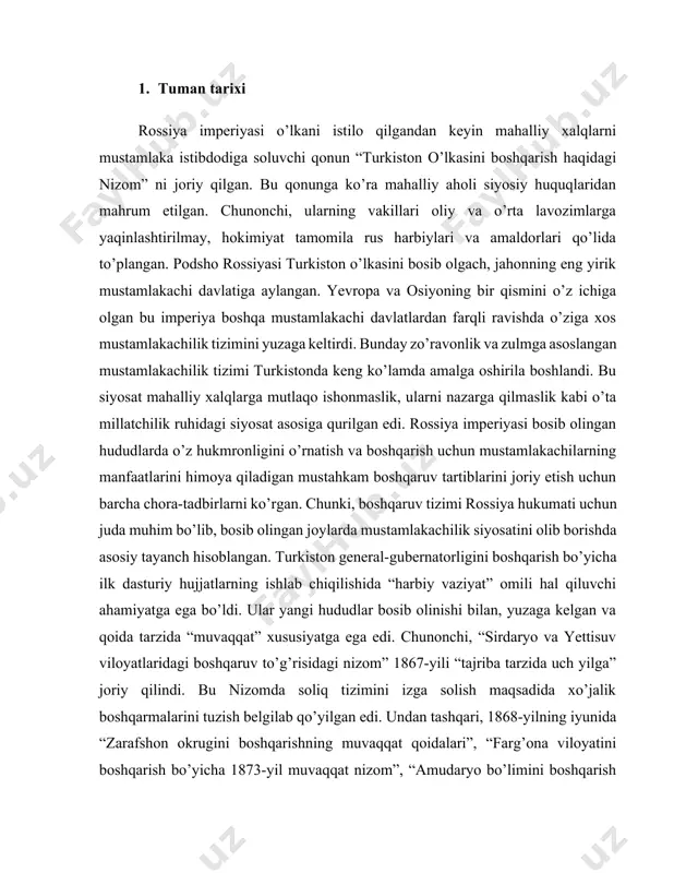lning iyunidа “zаrаfshon okrugini boshqаrishning muvаqqаt qoidаlаri”, “fаrg’onа viloyatini boshqаrish bo’yichа 1873-yil muvаqqаt nizom”, “аmudаryo bo’limini boshqаrish bo’yichа 1874-yil 21-mаy nizomi” hаm ishlаb chiqilib, qаbul qilingаn edi.bo’lsаdа, yo’limizdа uchrаgаn bаrchа shаhаr vа qаl’аlаrni kuch bilаn olishimizgа to’g’ri keldi turkiston o’lkasi uchun 1865 – 1916-yillar oralig’ida ishlab chiqqan hamda amalga tadbiq etilgan o’nta qonun loyihalari (1865, 1867, 1871, 1873, 1882, 1884, 1886, 1908, 1912, 1916-yillar)da va ularning moddalariga adliya, moliya, harbiy, ichki ishlar va boshqa vazirliklar kiritgan o’zgarishlarda ana shu holat o’z aksini topgan41 . bu qonunning moddalariga adliya, moliya, harbiy, ichki ishlar va boshqa vazirliklar kiritgan o’zgarishlarda turkistonni boshqaruvidagi harbiy-mirshablik ruhi aniq o’z ifodasini topgan. yuqoridagilarni isboti sifatida rus zodagonlaridan biri a.b.vrevskiy “turkiston xalqlari o’zlarini boshqaruvchi va sud qiluvchi yagona hokimiyatga o’rgangan”, deb o’lkada qattiqo’l mustabid idora zarurligiga ishora qilgan. shuni ham ta’kidlab o’tish kerakki rossiya imperiyasi mustamlaka tizimini dastlabki yillarida ilgarigi boshqaruvga ham tayanib ish ko’rgan. buni birinchi marta …