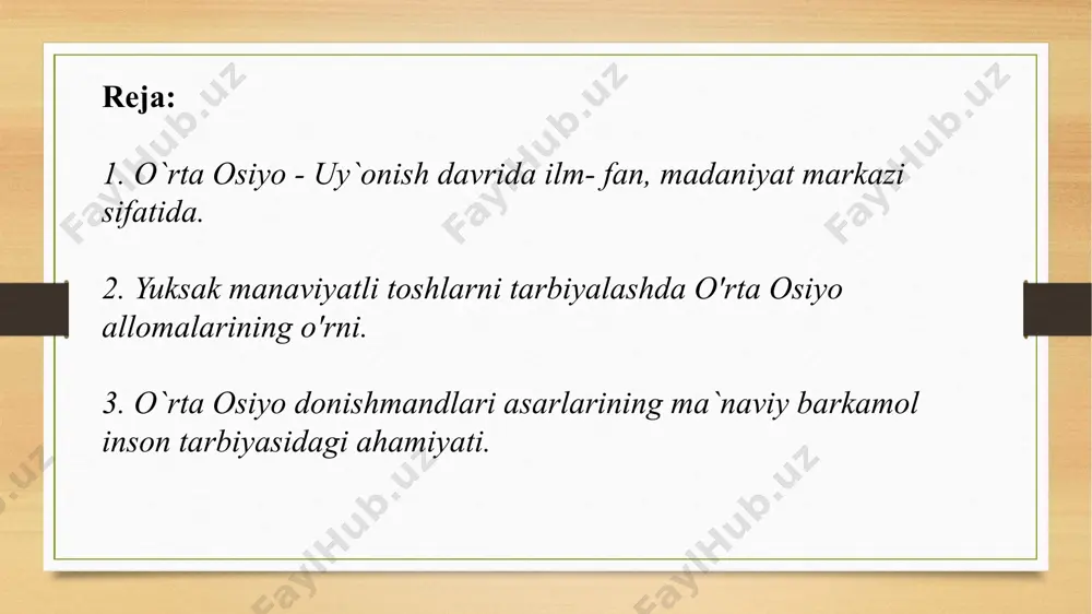 gan munosabatlarida, ahloqiy va estetik qarashlarida islomning ta`siri kuchli edi. shunga qaramay, etik qarashlarda inson bu dunyoning eng oliy zoti deb qaraladi. o`rta osiyo mutafakkirlari olam va narsalarning qadr- qimmatini insoniylik bilan belgiladilar. insonparvarlik `oyalari etnik sistemalarda yangi va yuqori bosqichga ko`tarildi. o`rta asr sharqining buyuk mutafakkiri, qomusiy olim abu nasr muhammad tarhan forobiy (873-950) dir. o` o`z dunyoqarashida davrning il`or `oyalarini ifodalaydi. o`rta osiyo va sharq mamlakatlarida il`or ijtimoiy- falsafiy fikrning rivojlanishida muhim rolь o`ynaydi. forobiy "davlat haqida risola", "ideal shahar aholsining fikrlari", "baht- saodatga erishuv haqida", "aql ma`nolari haqida risola", "grajdanlik siyosati" va boshqa 200 dan ortiq asarlarida o`z davri uchun izchil hisoblangan ijtimoiy hayotning ko`p masalalariga oid ta`limot yaratdi. forobiy o`zining "ideal shahar aholisining qarashlari" asarida o`z davri uchun eng il`or bo`lgan ma`rifatparvarlik, insonparvarlik `oyalarini ilgari suradi. mutafakkirning talqinicha falsafa, jamiyat haqida fanga nazariy asos berishi hamda odamlarning va jamiyatning baht- saodatga erishuviga ko`maklashishi zarur. biroq nazariy …