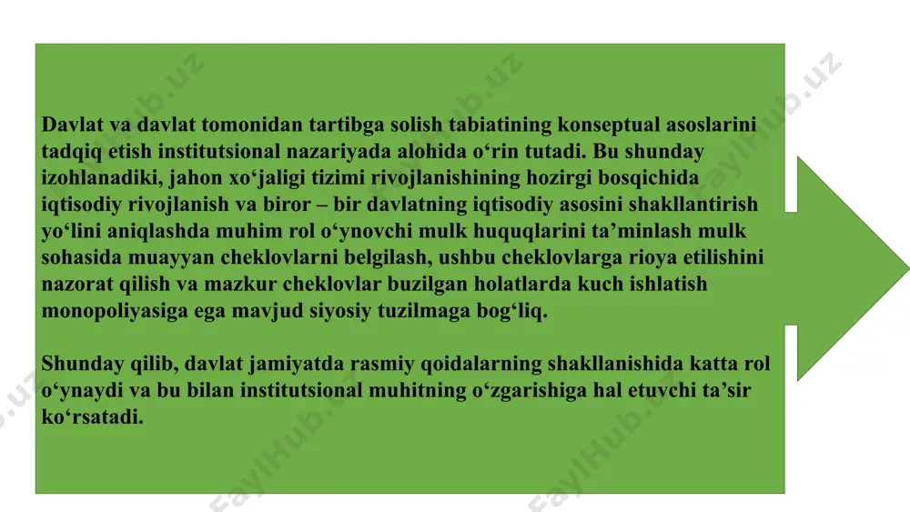 onunlarni amalga oshirish, jamiyat manfaatlarini himoya qilish, o'z faoliyatini boshqarish, xodimlarni ishga olish va boshqa huquqlarga ega. majburiyatlar davlat institutsional tashkiloti qonunlarga rioya qilish, fuqarolar huquq va erkinliklarini himoya qilish, o'z faoliyatini shaffof va hisobdorlikka asoslangan holda amalga oshirish, xizmat sifatini yaxshilash va boshqa majburiyatlarni bajarishga majburdir. 7 davlat institutsional tashkilotlarining moliyaviy ta'minoti davlat institutsional tashkiloti moliyaviy ta'minoti davlat byudjeti va boshqa moliyaviy manbalar hisobidan amalga oshiriladi. byudjet davlat byudjetidagi ajratmalar grantlar xorijiy davlatlar va tashkilotlardan olingan grantlar xizmatlar taqdim etilayotgan xizmatlar uchun to'lovlar investitsiyalar davlat va xususiy investitsiyalar 8 davlat institutsional tashkilotlarining kadrlar siyosati davlat institutsional tashkiloti kadrlar siyosati tashkilotning samarali faoliyatini ta'minlash uchun zarur bo'lgan malakali va tajribali xodimlarni jalb qilish va o'qitishga qaratilgan. 1 xodimlarni tanlash malakali va tajribali xodimlarni tanlash uchun aniq mezonlar va tanlov jarayonlari qo'llaniladi. 2 o'qitish va rivojlantirish xodimlarni o'qitish va malakasini oshirish dasturlari ularning professional darajasini oshirish va tashkilotning ehtiyojlariga moslashtirishga qaratilgan. …