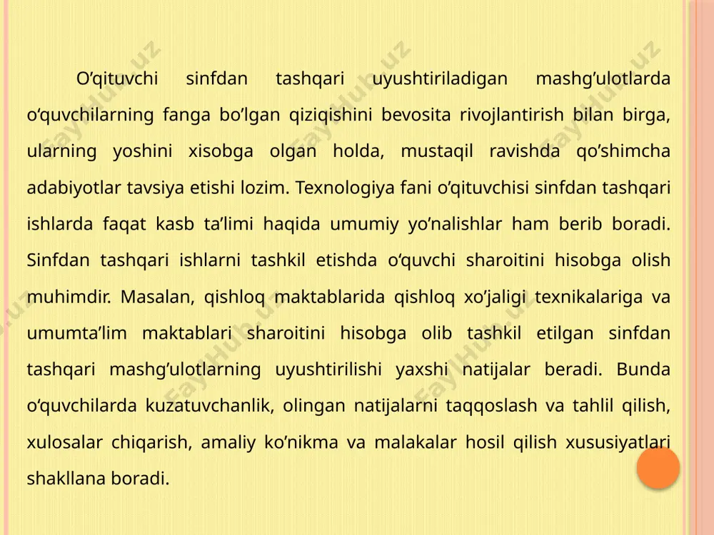 hlash; b) qo’shma, xususiy va davlat korxonalari faoliyatida ishtirok etish; s) oilaviy mexnat, kasb - hunar, hunarmandchilik; d) ishlab chiqarish sayohatlarini tashkil etish; e) mavsumiy ishlarda ishtirok etish; f) xomiy va otaliq korxonalari bilan shartnomalar asosida buyurtmalarni bajarish. oddiy misol, “kasblar” mavzusida shunday topshiriq berish mumkin: “quyidagi gaplarni davom ettiring: agar uchuvchilar bo’lmasa, ... agar o‘qituvchilar bo’lmasa, ... agar shifokorlar bo’lmasa, ... shunda bir o’quvchi: “odamlar uzoqdagi qarindoshlarini ko’ra olishmaydi”- deb, javob berdi. bu bolaning amakisi oilasi bilan turkiyaga ko’chib ketgan. bolalardan yana biri “agar uchuvchilar bo’lmasa, men italiyaga ucha olmayman”- dedi. bu o’quvchi ingliz tili fanidan insholar tanlovida g’olib bo’ldi. keyingi bosqichda ham yutsa, italiyaga sayohat yo’llanmasini qo’lga kiritadi. https://youtu.be/3yso_0zpnl4 https://youtu.be/s9a8t96q_iu https://youtu.be/eeaqo5hg7m4 https://youtu.be/f470nkt4yyc https://kun.uz/news/2019/10/17/kelajak-kasblari-qaysi-sohani-tanlasak-yutqazmaymiz http://kasbtanla.uz/test/ o‘qituvchi kosmonavt tikuvchi o‘quvchi /docprops/thumbnail.jpeg