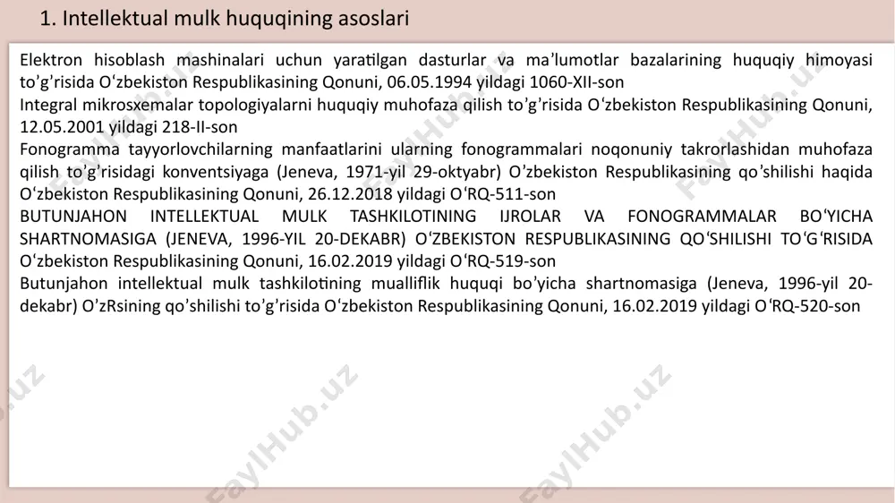 qiy xizmat ko‘rsatishda adliya organlari va muassasalari faoliyati samaradorligini yanada oshirish chora-tadbirlari to‘g‘risida”gi pf-89-son farmoniga muvofiq, intellektual mulk agentligi va uning hududiy markazlari ularning vazifa, funksiya va vakolatlari adliya vazirligiga o‘tkazilgan holda qo‘shib olinganligi ma’lumot uchun qabul qilinsin. intellektual mulk sohasini yanada rivojlantirishga oid qo‘shimcha chora-tadbirlar to‘g‘risida o‘zbekiston respublikasi prezidentining qarori, 26.04.2022 yildagi pq-221-son 3. intellektual mulkni himoya qilish bo’yicha milliy va xalqaro tizim tashkilot nomi asosiy faoliyati adliya vazirligi intellektual mulk elektron davlat xizmatlari portali ro’yxatga olish davlat bojxona qo’mitasi intellektual mulk obyektlarining bojxona reyestriga (keyingi o‘rinlarda — reyestr) kiritilgan huquq egalariga tegishli tovar belgilari bo‘yicha qonunchilik talablari buzilishi aniqlanganda, bu to‘g‘risida xabar berish; tashqi iqtisodiy faoliyat ishtirokchilari o‘rtasida intellektual mulk huquqlariga rioya etish bo‘yicha targ‘ibot ishlarini olib borish; texnik jihatdan tartibga solish agentligi mahsulotlarni sertifikatlashtirish, muvofiqlik sertifikatlari va belgilarini berish farmatsevtika tarmog‘ini rivojlantirish agentligi dori vositalari, tibbiy buyumlar va tibbiy texnikalarni davlat ro‘yxatidan o‘tkazish axborotlashtirish va telekommunikatsiyalar sohasida …