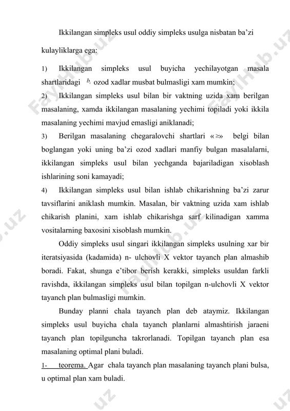 gan chala tayanch plan uchun bulganda, bulib, kamida bitta bulsa, u xolda ni yangi chala tayanch plan ga almashtirish natijasida chizikli funksiyaning kiymati kamayadi. vektorni ga almashtirish uchun bazisdan vektor chikarilib bazisga kuyidagi shartlarni kanoatlantiruvchi vektor kiritiladi. , va misol. kuyidagi masala va unga ikkilangan masalaning yechimini ikkilangan simpleks usuli yordami bilan toping. berilgan masalani kanonik formaga keltiramiz. (i) bu masalani kushimcha uzgaruvchilarga mos keluvchi vektorlarni bazis vektorlarga aylantirish uchun (i) masaladagi tenglamalarning xar birini (-1)ga kupaytiramiz. natijada kuyidagi masalaga ega bulamiz: (ii) bu masalaga ikkilangan masala kuyidagi kurinishga ega buladi: (iii) (ii) masalada vektorlarni bazis vektorlar deb kabul kilib, simpleks jadvalni tuldiramiz. j=1,2,3,4,5,6,7 uchun buladi. demak, vektor (ii) masalaning chala tayanch plani buladi. ikkilangan masalaning bu bazisdagi yechimi chala tayanch plan x ning eng kichik manfiy elementiga mos keluvchi vektorni bazisdan chikaramiz va shartni kanoatlantiruvchi vektorni bazisga kiritamiz. - aniklovchi element buladi. yangi simpleks jadvalda barcha j lar uchun …