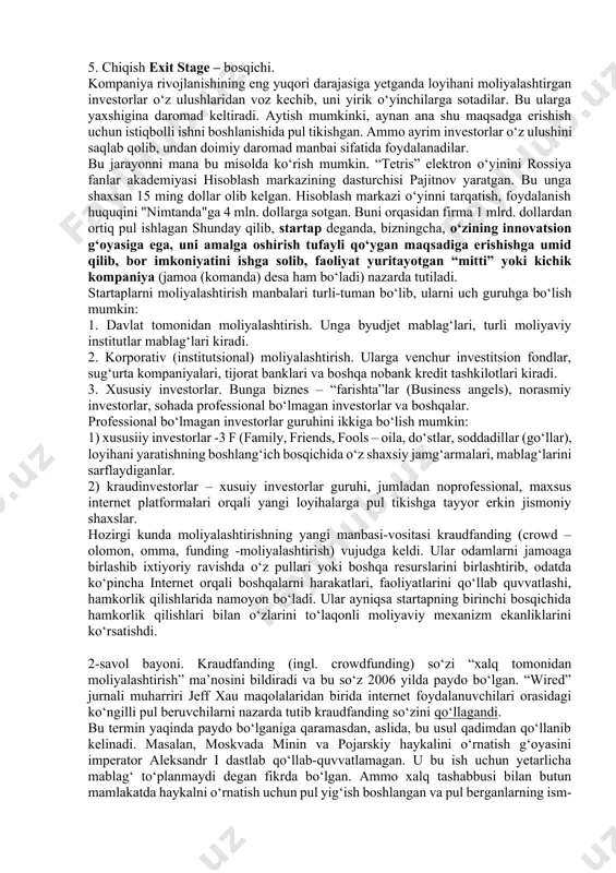 bir tomondan, sarflangan mablag‘lar qaytmasligi yoki muvaffaqiyatli bo‘lsa, katta foyda olib kelishi mumkin. fan sig‘imi nuqtai nazaridan startaplarga yondashadigan bo‘lsak, ularni fan sig‘imi yuqori texnologiyalarga asoslangan yoki an’anaviy startaplar guruhiga bo‘lishimiz mumkin: fan sig‘imi yuqori startaplar tabiiy yaratadigan mahsuloti harajatlarida fanning ulushi yuqori. shuning uchun eng so‘nggi ixtirolarga, fan-texnika yangiliklariga asoslangan startaplar juda katta foyda keltirishi ehtimoli yuqori, lekin buning uchun katta mablag‘ talab etiladi. an’anaviy startaplar alohida yangi g‘oyani talab qilmaydi. biznesni boshlash uchun oddiy, osonlikcha amalga oshiriladigan g‘oyalar asosida yaratilgan va katta muvaffaqiyatga erishgan kompaniyalar talaygina. lekin ilmiy maqolalarda faqat innovatsiyaga asoslangan startaplarnigina startap deyish to‘g‘ri degan fikrlar ham mavjud. ilmiy adabiyotlarda startaplarni kichik bir kompaniyadan yirik kompaniyaga aylanish tezligi jihatidan startup unicorn va sekin-asta rivojlanuvchi guruhlarga bo‘lish mavjud. bunday guruhlashga eylina li asos solgan bo‘lib, u o‘zining maqolalaridan birida 5 yil davomida kapitalizatsiya darajasi 1 mlrd. dollardan ortgan kompaniyalarni afsonaviy mavjudot -“unicorn”lar deb atagan [13]. agar 2013 …