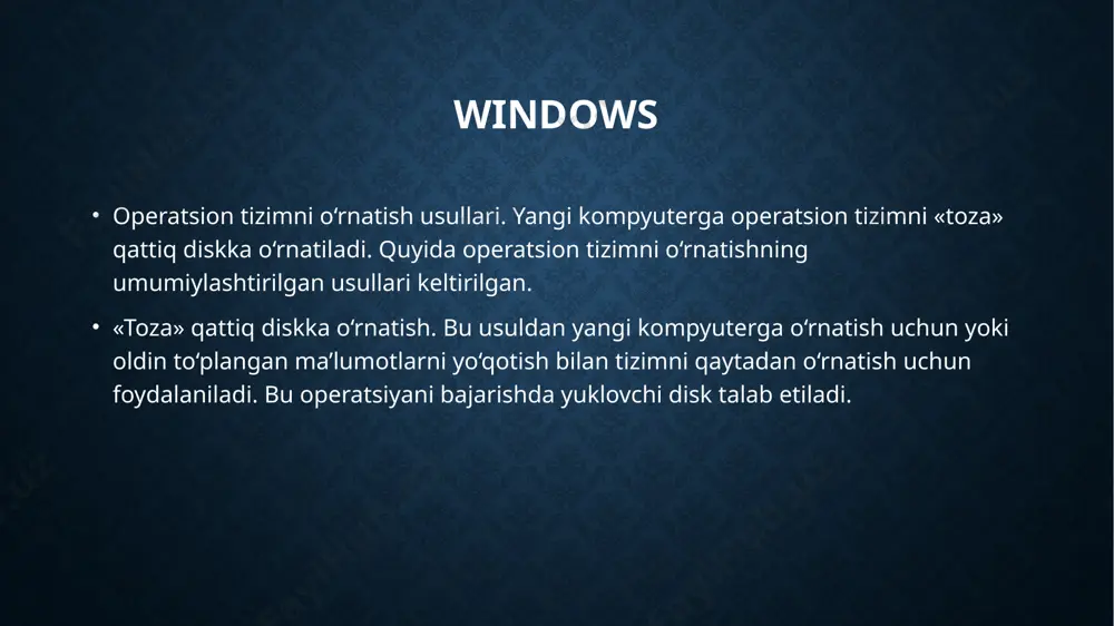 trni, maksimal almashuv tezligi 100 kbayt/s ni tashkil qiladi. rs-232c ketma-ket port (communication port) sichqoncha, tashqi modem, printer kabi qurilmalarni kompyuterga ulash, shuningdek, kompyuterlar orasida bog‘lanish uchun ishlatiladi. rs-232c turdagi ketma-ket portning ishlatilishining centronics portiga nisbatan asosiy afzalliklari shaxsiy kompyuterdan tashqi qurilmaga axborotlarni 15 metr masofagacha uzatish imkoniyati hisoblanadi. ma’lumotlar ketma-ketlikdagi baytli paketlar tarzida bit ketidan bit bilan uzatiladi. har bir bayt boshlang‘ich va to‘xtash bitlari bilan uzatiladi, ma’lumotlar dupleks ish tartibida uzatiladi, uzatish tezligi 115 kbit/s ni tashkil etadi. usb (universal serial bus) bu universal ketma-ket portdir. u 1995-yilda ishlab chiqarilgan bo‘lib, eskirgan rs-232 (com-port) va ieee 1284 (lpt-port) parallel interfeyslarni almashtirishga, ya’ni ketma-ket va parallel klaviatura va «sichqoncha» portlarini almashtirish uchun ishlab chiqilgan, barcha qurilmalar plug and play texnologiyasining osonligi bilan ko‘p sonli qurilmalarning o‘rnatilishiga ruxsat beradigan bitta razyomga ulanadi. umumiy foydalanuvchiga mo’ljallangan registrlar ichki registrlar (protsessorli xotira) mashinaning yaqin oradagi ish taktlarida bevosita qo‘llaniladigan axborotni qisqa muddatli …