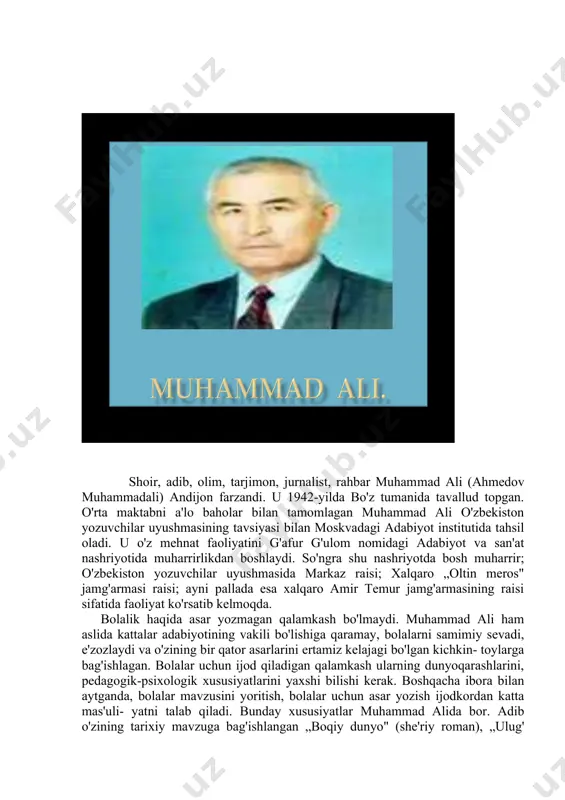 qo'zichoq tasvirlanadi. shoirning ko'p she'rlari kichik bolalarga bag'ishlab yozil- ganligi bilan muhim tarbiyaviy ahamiyat kasb etadi. bunga misol qilib vagonlar", „maktabimiz hovlisi", „yigirma to'qqiz do'stimiz" kabi she'rlarni aytib o'tish mumkin. „shudring" she'riga e'tibor bering: bog'imizga bir qarang, gul ochildi rang-barang. tongda shudring tushibdi, gulga chiroy qo'shibdi. bog'dan nari poliz bor, unda qovun-tarvuz bor. qovunlar katta-katta, yozda keling, albatta! onalarni ulug'lovchi „onamlarning bayrami" she'ri bay- ram munosabati bilan xonadonda yuz bergan quvonchli kayfiyat haqida. bolaning nazarida butun tabiat aziz onajonini qutlug' ayyom bilan qutlashga shaylangan. qushlar hovlini to'ldirib uchib yurishibdi, ariqlarning labida ham o't-o'lanlar ko'karib chiqibdi, oppoq bodom esa, gullarga ko'milgan shoxini ko'z-ko'zlab, darchadan onajonisi xonasiga „qo'l" cho'zib turibdi... bayramga bolaning ham sovg'asi bor: u o'nta „5" olib qo'ygan! muhammad alining xalq afsonalari asosida yaratgan „ninachi haqida ertak", „uch oltin g'isht", „sirli qushlar" nomli asarlari ham diqqatga sazovordir. „ninachi haqida ertak" xalqimiz orasida qadimdan mashhur bo'lgan „kim zo'r" degan afsonani eslatadi. …