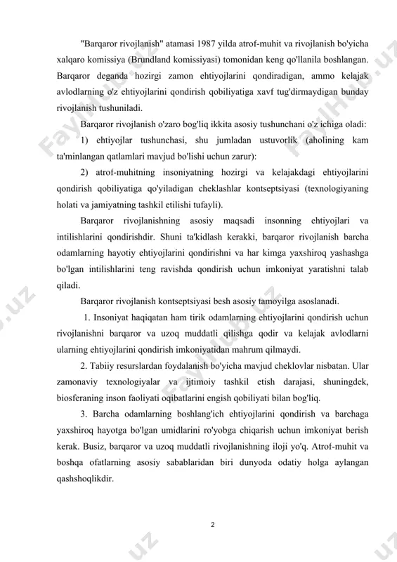 ro'yobga chiqarish uchun imkoniyat berish kerak. busiz, barqaror va uzoq muddatli rivojlanishning iloji yo'q. atrof-muhit va boshqa ofatlarning asosiy sabablaridan biri dunyoda odatiy holga aylangan qashshoqlikdir. 4. katta resurslarga (pul va moddiy) ega bo'lganlarning turmush tarzini sayyoramizning ekologik imkoniyatlari, xususan, energiya iste'moli bilan muvofiqlashtirish zarur. 5. aholi sonining o'sish sur'ati va sur'ati erning global ekotizimining ishlab chiqarish potentsiali o'zgarishiga mos kelishi kerak. barqaror rivojlanishning dinamik xususiyati alohida ta'kidlangan. ta'kidlanishicha, bu doimiy uyg'unlik holati emas, balki resurslardan foydalanish ko'lami, investitsiyalar yo'nalishi, texnik rivojlanish yo'nalishi va institutsional o'zgarishlar hozirgi va kelajakdagi ehtiyojlarga mos keladigan o'zgarishlarning jarayoni. barqaror rivojlanish kontseptsiyasining asoslari. rivojlanishmi yoki o'sishmi? barqaror rivojlanish kontseptsiyasining mavjud yondoshuvi bir necha o'n yilliklar davomida ishlab chiqilgan va rivojlanish tajribasiga asoslangan. shu vaqt ichida to'plangan. barqaror rivojlanish kontseptsiyasining paydo bo'lishi va rivojlanishiga rim klubi doirasidagi tadbirlar yordam berdi. dunyo miqyosidagi ekologik muammolarga ko'proq e'tibor qaratgan "o'sish chegaralari" shov-shuvli ishi bu yo'nalishda katta turtki bo'ldi. …