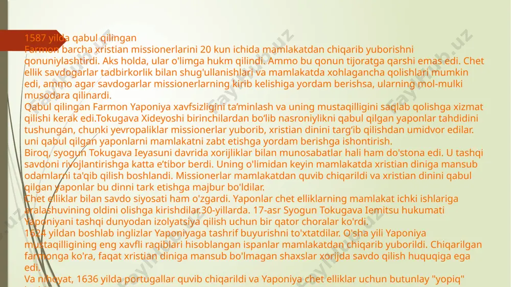 hiligi (daimyo) parchalana boshladi, ularning boyligi va qudrati pasaydi. samuray instituti zarur moddiy yordamdan mahrum bo'lganligi sababli, u chirigan. bu dehqonlarning shaharga ketishida ham o'z aksini topdi, bunga ularning juda og'ir ahvoli sabab bo'ldi. dehqonlarning bir qismi “tarqalgan manufaktura” tizimi yordamida shahar xoʻjaligiga qoʻshilishga majbur boʻldi. xviii asrda. yaponiyada 90 ta manufaktura, shu jumladan paxta va shoyi to'qish tashkil etilgan. boshqa tomondan, savdo kapitalini qo'llarida ushlab turgan savdogarlarning roli ortdi. bu davrda, deb atalmish qatlam "yangi yer egalari" savdogarlar, sudxo'rlar, badavlat dehqonlar, hatto samuraylar orasidan shakllangan. shunday qilib, kapitalistik tuzilma asta-sekin shakllana boshladi. asta-sekin shaharlarning iqtisodiy va ijtimoiy mavqei mustahkamlanib bordi. ularning aholisi soni ko'paydi. demak, 18-asr boshlarida birgina edolar soni 500 mingdan oshdi.madaniyatning rivojlanishi bilan, ayniqsa, shaharlarda bosma nashrlar tobora koʻpayib bormoqda, amaliy sanʼat asarlari bozorda katta talabga ega boʻlmoqda. : lak, chinni, bo'yalgan matolar. ularning ro'yxati aholi turmush darajasi va iste'mol darajasi oshgani sayin kengayib bordi. shahar aholisining …