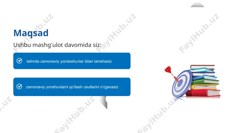 ngan yondashuv hayotiy ko‘nikmalarga asoslangan yondashuv – bu ta’lim jarayonida o‘quvchilarga real hayotda kerak bo‘ladigan bilim, ko‘nikma va qadriyatlarni shakllantirishga yo‘naltirilgan yondashuvdir. bu yondashuvda ta’limning asosiy maqsadi – o‘quvchining faqat bilim emas, balki amaliy hayotga tayyor shaxs sifatida rivojlanishidir. muloqot o‘z fikrini ochiq bildiradi, boshqalarning fikrini eshitadi, suxbar jarayonida kelishuvga keladi, nizolarni tinch yo‘l bilan hal qiladi qaror qabul qilish guruhda muqobil variantlarni muhokama qiladi, o‘z qarorini asoslaydi va himoya qiladi tanqidiy fikrlash o‘quvchi baholaydi, asoslaydi, muqobil variantlar haqida o‘ylaydi muammoni hal qilish muammo sababini aniqlaydi, xavfsiz yechim topadi, reja tuzadi va amal qiladi ta’limda zamonaviy yondashuvlar: o‘qitish usullari olimlar kabi savollar qo‘yish, tadqiqot rejasini tuzish, ma’lumot to‘plash va xulosa chiqarish so‘rovga asoslangan ta’lim (inquiry-based learning) muammoga asoslangan ta’lim (problem based learning) egallagan bilimlarni qo‘llab, real muammolarga yechim topish loyihaga asoslangan ta’lim (project‑based learning) darsdan tashqarida o‘quv materialini nazariy jihatdan o‘rganish, darsda – amaliy faoliyat (tajriba o‘tkazish, video + muhokama) …