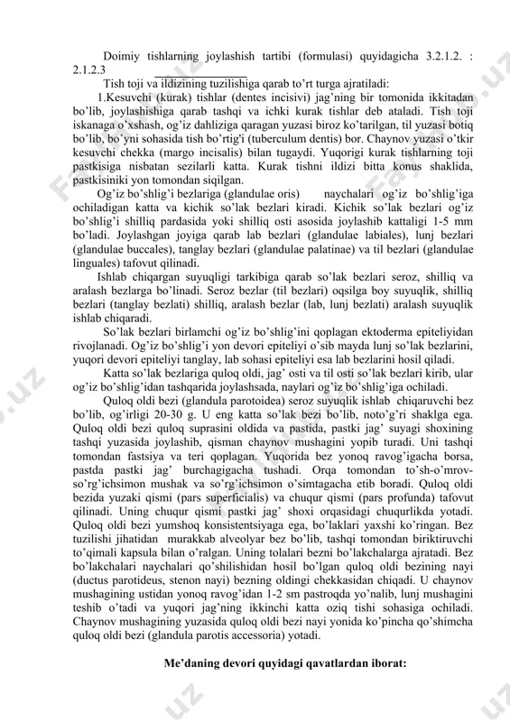 gan qoldiq moddalarning tashqariga chiqarilishi moddalar almashinuvi deyiladi. moddalar almashinuvi natijasida energiya hosil bo‘ladi. bu energiya hisobiga organlar ish bajaradi, hujayralar ko’payadi, yosh organizm o‘sadi va rivojlanadi, tana haroratining doimiyligi ta’minlanadi. moddalar almashinuvi bir-biriga chambarchas bog‘liq bo‘lgan ikki jarayon, ya’ni assimilyasiya va dissimilyasiya orqali o‘tadi. ovqat moddalari tarkibiy qismlarining hujayralarga o‘tishi assimilyasiya deyiladi. assimilyasiya natijasida hujayralarning tarkibiy qismlari yangilanadi, ular ko’payadi. organizm qancha yosh bo‘lsa, unda assimilyasiya shuncha aktiv o‘tadi, bu esa yosh organizmning o‘sishi va rivojlanishini ta’minlaydi. hazm a’zolarining taraqqiyoti ovqat hazm qilish kanali pushtda birlamchi ichak nayi shaklida bo‘lib, homilada u og‘iz bo‘shlig‘i, halqum, qizilo‘ngach, me’da va ichaklarga bo‘linadi. hazm tizimi homila hayotining 4-oyidan faoliyat ko‘rsata boshlaydi. bu davrda homila ichagida bargrang mekoniy bo‘lib, uning tarkibiga epiteliy hujayralari, shilliq, o‘t, hamda homila yutgan amnion suyuqligi tarkibidagi moddalar bo‘ladi. homila davrining so‘ngida hazm tizimi yangi tug‘ilgan bolaning hayotiy vazifalarini bajarish qobiliyatiga ega bo‘ladi. birlamchi ichak nayining boshlang‘ich qismidan rivojlanuvchi …