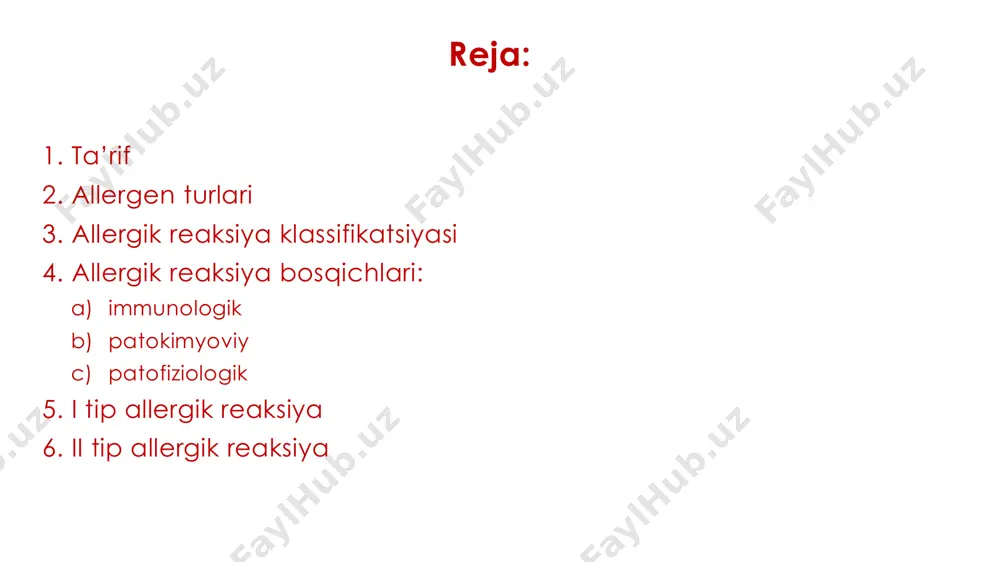 -4 cd4 th2 hujayra (aktiv) ● → degranulyatsiya eozinofillar il-5 mukoz sekretsiyasi shilliq qavat ige proliferatsiya differensirovka b-hujayra plazmatik hujayra sensibilizatsiya mexanizmi patokimyoviy bosqich • bu bosqich allergen va effektor immun sistemani qayta o’zaro ta’siridan keyin boshlanib, biologik aktiv moddalar (mediatorlar) hosil bo’lguncha davom etadi • bu bosqich asosida allergik reaksiya mediatorlarining hosil bo’lishi, chiqarilishi va aktivatsiyasi yotadi patofiziologik bosqich • bu bosqich allergik reaksiya mediatorlarining organizmning to’qima va hujayra strukturalariga ta’siri bilan boshlanib klinik belgilar namoyon bo’lguncha davom etadi • uning asosida organizm struktur va funksional buzilishlari yotadi allergen organizm sensibillanish allergen qayta kirishi allergik reaksiya boshlanishi (bam hosil bo’lishi) klinik belgilar+ i tip allergik reaksiya ● antitana semiz hujayra yuzasiga fiksatsiyalangan ● antigen erkin holatda v antigen antitanato’qima bazofili (semiz hujayra) anafilaksiya – immunizatsiya natijasida yuzaga keladigan antigen ta’sirga chidamlilikning kamayishi • umumiy (generalizatsiyalashgan) va mahalliy anafilaktik reaksiya farqlanadi: − umumiy ar (m: anafilaktik shok) − mahalliy ar …