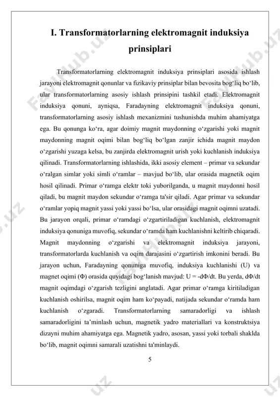 aksincha, agar ikkilamchi o‘ramdagi chulg‘amlar kam bo‘lsa, kuchlanma kamayadi. bu xossa transformatorlarni elektr uzatish tarmoqlarida juda samarali vositaga aylantiradi. ii. ularning energiya yo‘qotilishi va issiqlik nazorati transformatorlarning energiya yo‘qotilishi va issiqlik nazorati muhim muammolar bo‘lib, ular transformatorlarning samaradorligini ta’minlash va uzoq muddatli ishlashini davom ettirish uchun asosiy ahamiyatga ega. elektr energiyasini uzatishda, transformatorlar o‘z ichiga olgan elektromagnit jarayonlar natijasida energiya yo‘qotilishi yuzaga keladi. bu yo‘qotilishlar asosan ikki turga bo‘linadi: o‘zaro bog‘liq bo‘lmagan issiqlik yo‘qotilishi (sıcaklik bilan bog‘liq) va elektromagnit yo‘qotilishlar (magnetik va elektr yo‘qotishlar). bu muammolarni hal qilish va nazorat qilish uchun, muhandislar va ilmiy jamoa turli texnologiyalar va metodlarni ishlab chiqmoqda. energiyaning yo‘qotilishining asosiy manbasi — magnetik yassi va o‘tkazgichlar orasida yuzaga keladigan elektr yo‘qotishlar. bu yo‘qotishlar asosan o‘tkazgichlarning elektr qarshiligi va magnetik yassi ichidagi hysteresis yo‘qotilishlar bilan bog‘liq. hysteresis yo‘qotilishi, ayniqsa, yassi materiallarning magnetizatsiya va demagnetizatsiya jarayonlarida yuzaga keladi va bu jarayonlar transformatorlarning ishlashida energiya yo‘qotilishiga olib keladi. …