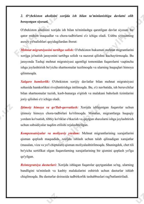 sohasida amalga oshirilgan ishlar to‘g‘risida axborot kiritib borishi belgilanib, mahalliy kengashlar deputatlari tomonidan hokimlarning hisobotlarini eshitish doirasida tashqi mehnat migratsiyasi sohasida amalga oshirilgan ishlar muhokama qilinishi, oliy majlis senati mahalliy kengashlarning mazkur yo‘nalishdagi faoliyatini amalga oshirishga ko‘maklashishi tavsiya etilgan. o‘zbekiston hukumati aholini xorijda ish bilan ta'minlashga alohida e'tibor qaratib, bu borada bir qator chora-tadbirlarni amalga oshirmoqda. 2023-yilning birinchi yarmida tashqi mehnat migratsiyasi agentligi tomonidan rossiya, janubiy koreya, buyuk britaniya, turkiya, germaniya, litva, bolgariya, polsha, ruminiya kabi davlatlarda jami 21 595 nafar o‘zbekistonlik manzilli ishlarga joylashtirilgan. 2024-yilda esa 161,8 ming nafar fuqaro xorijga ishga yuborilgan. joriy yilda 200 ming nafar fuqaroni yevropa, osiyo va tinch okeani davlatlari, arab davlatlari, mdh davlatlari va shimoliy amerika mintaqalari kabi xorijiy davlatlarga ishga joylashtirish rejalashtirilgan. shundan 40 ming nafari ingliz, nemis, koreys, yapon va rus tillari bo‘yicha, 60 ming nafari esa tibbiyot, haydovchilik, payvandlash, qurilish va avtomexanik kabi yo‘nalishlar bo‘yicha kasb-hunarga o‘qitilishi ko‘zda tutilgan. shuningdek, …