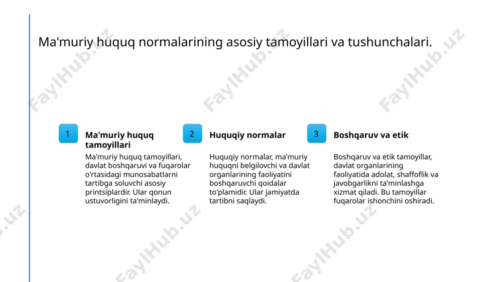 v hujjatlar: ma'muriy huquqda asosiy tushunchalar va ularning roli. 1 normativ hujjatlar tushunchasi normativ hujjatlar, davlat organlari tomonidan qabul qilingan, ma'muriy huquq normalarini belgilovchi va boshqaruv jarayonlarini tartibga soluvchi hujjatlardir. 2 hujjatlarning turlari o'zbekistonda ma'muriy huquqda qabul qilingan normativ hujjatlar qonunlar, qarorlar va nizomlardan iborat bo'lib, har biri o'ziga xos funksiyalarni bajonid qiladi. 3 normativ hujjatlarning ahamiyati normativ hujjatlar, boshqaruvni samarali amalga oshirish va qonun ustuvorligini ta'minlashda muhim rol o'ynaydi, shuningdek, fuqarolar huquqlarini himoya qiladi. o'zbekistondagi normativ hujjatlar tizimi: qonunlar va qarorlarning ta'siri. 1 normativ hujjatlar tizimi o'zbekistondagi normativ hujjatlar tizimi davlat va jamiyatning qonuniy faoliyatini tartibga soluvchi asosiy asosdir. bu tizim qonunlar va qarorlardan iborat. 2 qonunlarning roli qonunlar o'zbekistonda davlat boshqaruvi va fuqarolarning huquqlarini muhofaza qilishda muhim ahamiyatga ega. ular ijtimoiy tartibni ta'minlaydi va qonun ustuvorligini qo'llab-quvvatlaydi. 3 qarorlarning ta'siri davlat organlari qabul qilgan qarorlar normativ hujjatlar sifatida amaldagi qonunlarni qo'llashda va ularni amalga oshirishda muhim rol o'ynaydi. …