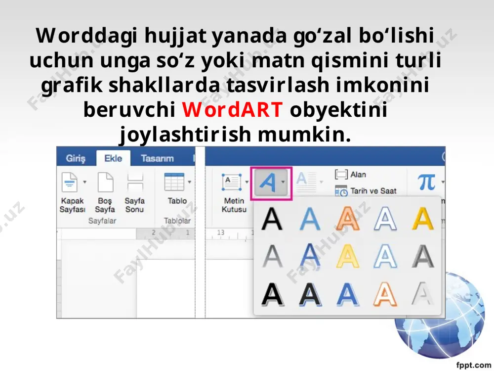 iz. natija quyidagicha aks etadi: savol va topshiriqlar 1. wordart obyekti qanday vazifani bajaradi? 2. wordart obyekti qanday usullar bilan joylashtiriladi? 3. wordart uslublari (стили wordart) guruhi qanday imkoniyatlar beradi? 4. wordart obyekti shaklini o‘zgartirishni amalda ko‘rsating. 5. informatika fanidan referat uchun muqova tayyorlang. 6. wordartda tayyorlangan obyektni erkin burishni amalda ko‘rsating. 7. wordartda tayyorlangan obyekt formatini o‘zgartirishni amalda ko‘rsating.