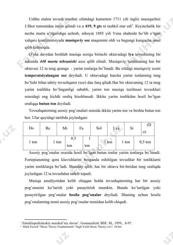 o’ramiz. masalan, fa-dubl diyez bilan sol; mi-dubl-diyez bilan fa-diyez; mi dubl bemol bilan re; do-dubl bemol bilan si bemol va h.k. mavzu bo’yicha аdаbiyotlаr: 1. rahimov q. “musiqa nazariyasi “t. musiqa” nashryoti, 2007 2. rahimov q. musiqaning elеmеntar nazariyasi bo‘yicha mashq va vazifalar to‘plami. toshkent, “o`zbekiston”, 2006. 3. rahimov q. garmoniya bo‘yicha mashq va masalalar to‘plami. «aloqachi», 2005. � entsiklopedicheskiy muzikal’niy slovar’. gosnauchizd. bse. m., 1959., b-97. ² mark feezell “music theory fundamentals” high-yeild music theory,vol.1 10-bet � al’teratsiya – o’zgartirish ma’nosini bildiradi. ³ mark feezell “music theory fundamentals” high-yeild music theory,vol.1 11-bet