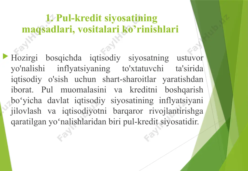 ning muvozanati monetar siyosatning turlari qattiq monetar siyosat – pul massasini ma’lum bir darajada ushlab turish yumshoq monetar siyosat – foiz stavkasini ma’lum bir darajada ushlab turish 2. banklar va ularning bozor iqtisodiyotidagi vazifalari kredit moliya-tizimining barqarorligini ta’minlash, uning alohida bo’g’inlarining birinchi navbatda tijorat banklari faoliyatini barqarorligini ta’minlash mamlakat markaziy bankning asosiy vazifasi hisoblanadi. markaziy bankning yana bir asosiy vazifalaridan kredit organlari (tizimini) faoliyatini tartibga solish va umumlashtirishdan iboratdir. o‘bekiston respublikasining 2019-yil 11-oktabrda qabul qilingan o‘rq-580-sonli “o‘zbekiston respublikasining markaziy banki to‘g‘risida”gi qonuniga ko’ra markaziy bank pul-kredit siyosatini, shu jumladan valyuta siyosatini ishlab chiqadi va amalga oshiradi. ushbu qonunda quyidagi asosiy tushunchalar qo‘llaniladi: bank — bank hisobvaraqlarini ochish va yuritish, to‘lovlarni amalga oshirish, omonatlarga (depozitlarga) pul mablag‘larini jalb etish, o‘z nomidan kreditlar berish bo‘yicha bank faoliyati sifatida aniqlangan operatsiyalar majmuini amalga oshiruvchi tijorat tashkiloti bo‘lgan yuridik shaxs; bank hisobvarag‘i — bank tomonidan shartnomaga muvofiq mijozga ochilgan hisobvaraq bo‘lib, unga ko‘ra bank …