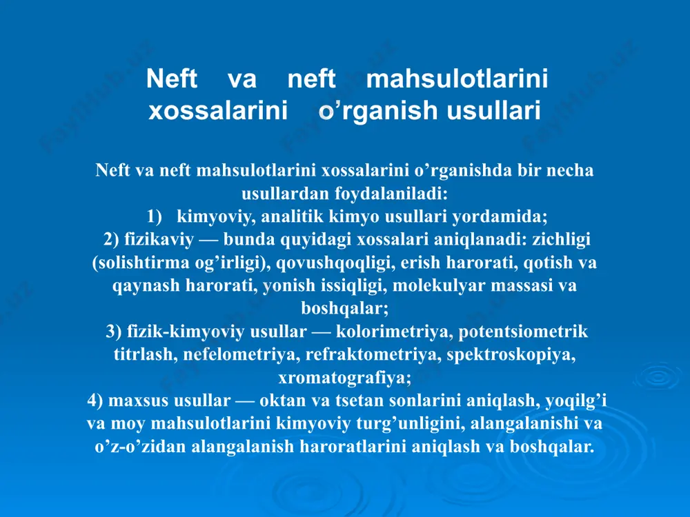 ,749, 0,779 va 0,879. 3 qovushqoqlik — suyuqlik (gaz)ning bir qismini ikkinchi qismiga nisbatan harakat qilayotgan vaqtda hosil bo’ladigan qarshilikdir. qovushqoqlik uch xil bo’ladi: dinamik, kinematik va shartli qovushqoqlik. dinamik qovushqoqlikni xalqaro miqiyosda birligi deb bir sekunddagi paskal (pa/s) qabul qilingan. bu suyuklikning 1 m2 ga teng ikki qatlamini bir biriga nisbatan 1 m/s tezlikda quyilgan 1n kuch ta’sirida 1 m ga surilganida sodir bo’lgan qarshilikka tengdir. dinamik qovushqoqlikka teskari birlik moddaning oquvchanligi deyiladi. kinematik qovushqoqlik — dinamik qovushqoqlikni aniqlayotgan haroratdagi moddaning zichligiga nisbatiga aytamiz, birligi m2/s. qovushqoqlikni ifodalayotgan vaqtda kinematik qovushqoqlik birligi keng ishlatiladi. neftni qayta ishlash tarmog’ida asosan shartli qovushqoqlik birligi ishlatiladi. shartli qovushqoqlik — ma’lum hajmdagi suv va neft mahsulotini oqib tushish vaqtlarini nisbatan yoki bo’lmasa neft mahsulotini standart idishdan oqib tushish vaqti qabul qilingan. mamlakatimizda 200 sm3 suvni 20°c haroratda oqib tushish vaqtini shu miqdordagi neft mahsulotini oqib tushish faktiga taqqoslash bilan belgilanadi. sanoatda qovushqoqlikni 50 …