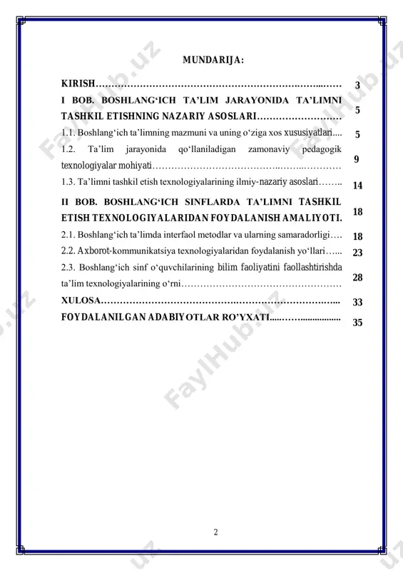 irishga yo‘naltirilgan innovatsion yondashuvlar katta ahamiyat kasb etadi. mamlakatimizda amalga oshirilayotgan keng qamrovli islohotlar ta’lim- tarbiya tizimini yanada takomillashtirishni, yosh avlodni zamonaviy bilim va ko‘nikmalarga ega bo‘lgan yetuk shaxs sifatida tarbiyalashni talab etmoqda. ta’lim sohasida ilg‘or tajribalarni joriy etish, innovatsion texnologiyalar asosida dars jarayonini tashkil qilish hamda o‘quvchilarda mustaqil fikrlash va ijodiy yondashuvni shakllantirish bugungi kunning eng dolzarb vazifalaridandir. shu nuqtayi nazardan, boshlang‘ich sinflarda ta’lim jarayonini tashkil etishda qo‘llaniladigan pedagogik texnologiyalarni chuqur o‘rganish va amaliyotga samarali tatbiq etish muhim ahamiyat kasb etadi. boshlang‘ich sinflarda ta’lim jarayonida qo‘llaniladigan pedagogik texnologiyalar – bu o‘quvchi shaxsini rivojlantirish, bilim, ko‘nikma va malakalarni shakllantirish, ularning ijtimoiy faoliyatini kengaytirishga xizmat qiladigan samarali metod va vositalar majmuasidir. interfaol metodlar, axborot-kommunikatsiya texnologiyalari, muammoli ta’lim, o‘yinli yondashuvlar va boshqa innovatsion texnologiyalar o‘quv jarayonini jonlantirib, bolalarning darsga bo‘lgan qiziqishini oshirishga yordam beradi. kurs ishining dolzarbligi - boshlang‘ich ta’lim shaxsning keyingi rivojlanishi, bilimlarni puxta egallashi va ijtimoiy hayotga moslashuvi uchun poydevor …