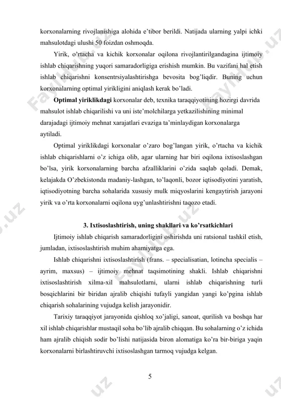 tisoslashgan tarmoqlar va korxonalar bir xil yoki turli mahsulot ishlab chiqarishni yo’lga quyishga erishganlar hamda maxsus, o’ziga xos texnologiya jarayoni va ixtisoslashgan kadrlar bilan ajralib turgan va turishi mumkin. ishlab chiqarishni ixtisoslashtirishning eng birinchi va elementar shakli sanoatning boshlang’ich shakli bo’lmish hunarmandchilik bilan birga vujudga keldi. mehnat taqsimoti asosida rivojlanayotgan tovar xo’jaligi natural xo’jaligi, ishlab chiqarishning universalizmini yemirib tashladi. korxonalarning ixtisoslashuvi - ularda mukammalroq texnika va texnologiya, mehnatni tashkil etishning ilg’or usullarini qo’llashni yengillashtiruvchi turdosh mahsulot ishlab chiqarishni mujassamlash-tirish jarayonidir. ixtisoslashtirish jarayonining taraqqiyoti ijtimoiy ishlab chiqarish-ning o’sishi, ishlab chiqaruvchi kuchlarning rivojlanishi bilan belgilanadi. ixtisoslashtirish, o’z navbatida, ishlab chiqaruvchi kuchlar-ning rivojlanishiga yordam beradi. ishlab chiqarish vositalari va ish kuchining juda keng miqyosda birlashtirilishi hozir iqtisodiy zarurat bo’lib qoldi. hozirgi zamon texnika taraqqiyotining muhim omillari – elektronizatsiyalash, kompleks avtomatlashtirish, yangi materiallarni yaratish va joriy etish, ilg’or texnologiyalarni, jumladan, biotexnolo-giyalarni vujudga keltirish ishlab chiqarishni ixtisoslashtirish bilan bevosita bog’likdir. ishlab chiqarishni ixtisoslashtirish sanoat korxonalarining …