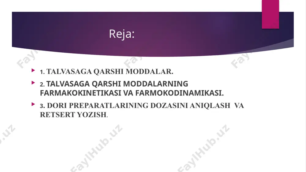 aytarilishi (epileptik status) og‘ir holatlami keltirib chiqaradi. kichik tutqanoq xurujida esa bem or bir-ikki sek davomida hushini yo‘qotib, bir nuqtaga tikilib qoladi, lekin yiqilib tushmaydi, savollarga javob qaytarmaydi. ko‘pincha, yuz mimik m ushaklarini titrashi kuzatiladi. b em or atrofidagi odam lar ko‘pincha bunday xurujni sezmay ham qoladilar. psixomotor ekvivalent holatida tutqanoq tutmaydi. lekin, m a’lum vaqtlarda bo‘ladigan xayolparishonlik xurujida (ayniqsa, tunlari) bem orning harakati, yurish-turishi to ‘g‘ri bajarilishi mumkin (masalan, transportga tushib aylanib kelishi, o ‘ylamaynetmay xatti-harakatlar qilaverishi va boshqalar). xuruj tugagach bem or hech narsani bilmaydi va eslay olmaydi. tutqanoqqa qarshi q o ‘llaniladigan asosiy preparatlar guruhlari: barbituratlar (fenobarbital, benzonal); • gidantoin unumlari (difenin); • oksazolidindion unumlari (trimetin); • suksinimidlar (etosuksimid, pufemid); • iminostilbenlar (karbamazepin) ; • benzodiazepinlar (klonazepam); • gam k ergik jarayonlarning stimulatorlari (atsediprol, vigabatrin); • neyromediator aminokislotalarining ingibitorlari (lamotridjin) preparatlar: fenobarbital {phenobarbitalum) 0,05—0,1 g d a n ishlab chiqariladi. 0,05 g dan kuniga 2 m arta …