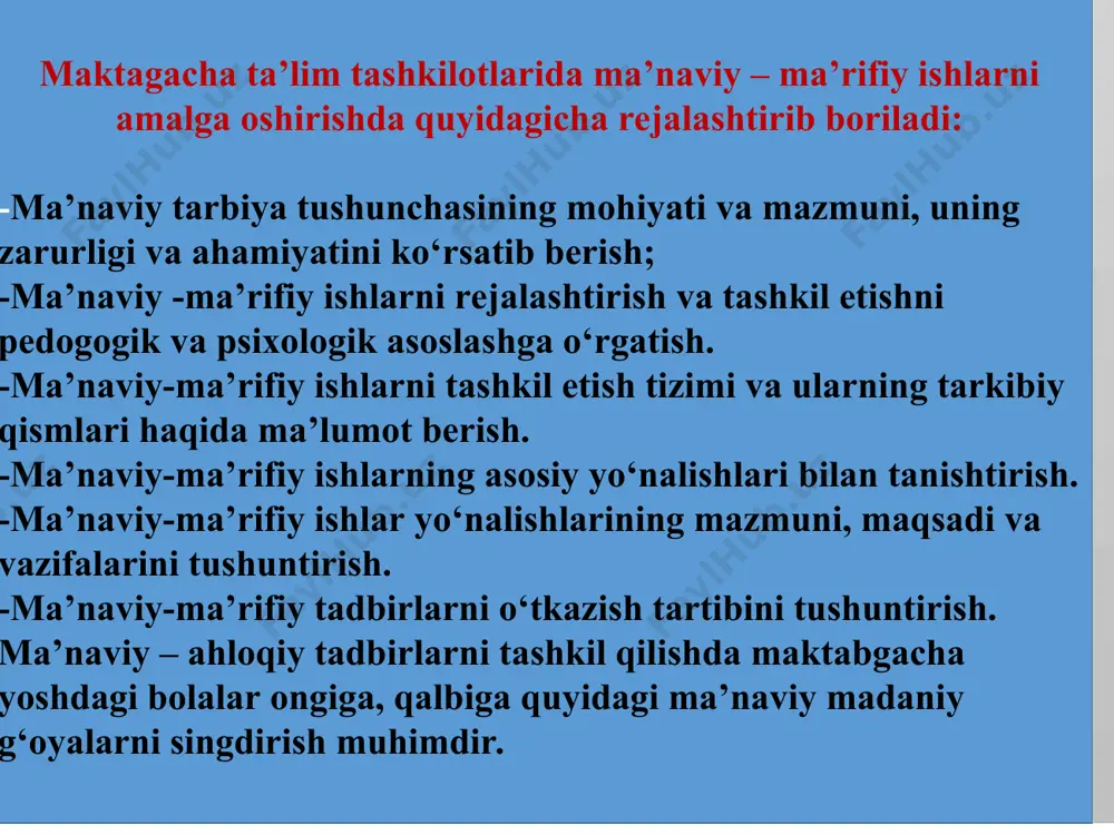 dkorligiga bog‘liq 3. har bir tadbirni bola ko‘rsin, unda intilish hissi uyg‘onsin, unda o‘zini shaxsiy munosabatlarini bildirish imkoni vujudga kelsin 4. ma’naviy-ma’rifiy tadbirlar ta’lim jarayonida olgan bilimlariga uyg‘un bo‘lishi, tadbirlarni rejalashtirishda tasodif holat bo‘lmasdan, turli mashg‘ulotlarni integratsiyasidan kelib chiqadigan mavzular bo‘yicha bo‘lishi kerak * yillik ma’naviy-ma’rifiy ishlar rejasini tuzishda quyidagilarni inobatga olish kerak tarbiyalanuvchilarning hayot mazmunini tushunib olishlarida ko‘maklashish, ularda o‘z-o‘zini idora va nazorat qila bilishni shakllantirish maktabgacha ta’lim yoshdagi bolalarda umuminsoniylik va vatanimiz qadriyatlari, boy milliy madaniyatimiz bilan oshno qilish, millatimizga xos madaniy va diniy tariximizga nisbatan g‘urur va muhabbatni tarbiyalash maktabgacha yoshdagi bolalar ijodkorligini, iqtidorini yuzaga chiqarish uchun shart-sharoit hozirlash insonparvarlik va muomila odobini, haqiqiy baynalmilallik ko‘nikmalarini shakllantirish * mustaqil respublikamiz ravnaqi va taraqqiyoti uchun xizmat qiluvchi komil insonni tarbiyalash o‘zbekiston respublikasi bayrog‘i, gerbi, madhiyasi, konstitutsiyasi va prezidentiga sadoqat ruhida tarbiyalash. o‘zining har bir xatti-harakati va ularning oqibatiga ma’suliyat bilan qarash hislatlarini tarbiyalash * pedagog – tarbiyachilarning ma’naviy-ma’rifiy …