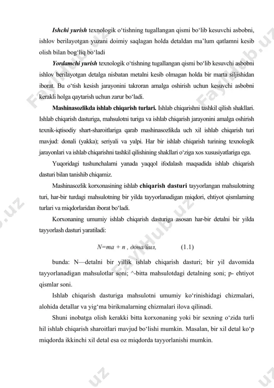 ahsulot bir nusxada tayyorlanadi. tayyorlangan mahsulotlar turli tuzilishga, o‘lchamlarga ega bo‘lib ular umuman takror tayyorlanmasligi yoki juda kam hollarda takrorlanishi mumkin. bu turdagi ishlab chiqarish sharoitida universal dastgohlardan keng foydalaniladi. universal dastgohlar turli xil ishlov berish usullarini bajara olish imkoniyatiga ega bo‘lishi kerak. xuddi shuningdek, universal, universal qayta sozlanuvchi moslamalar va standart kesuvchi asboblardan foydalaniladi. donali ishlab chiqarish sharoitidagi texnologik jarayon integral xususiyatga ega bo‘lib bitta dastgohda turli, bir necha, operatsiya bajariladi. bitta dastgohda turli tuzilishga ega bo‘lgan, turli o‘lchamli va turli materiallardan tayyorlangan detallarga ishlov beriladi. birgina dastgohda turli ishlar bajarilganligi va universal vositalardan foydalanganligi uchun sarflangan vaqt tarkibidagi asosiy vaqtning miqdori kichik bo‘ladi. bundan tashqari, ushbu ishlab chiqarish sharoitida qo‘llaniladigan nazorat qilish asboblari ham universalligi bilan harakterlanadi. seriyali ishlab chiqarish, bu ishlab chiqarish turi donali va yalpi ishlab chiqarishning o‘rtasida bo‘lib oraliq harakterga ega bo‘ladi. seriyali ishlab chiqarish sharoitida detallar partiyalab yoki seriyalab tayyorlanadi. bitta partiya (seriya) tarkibidagi …