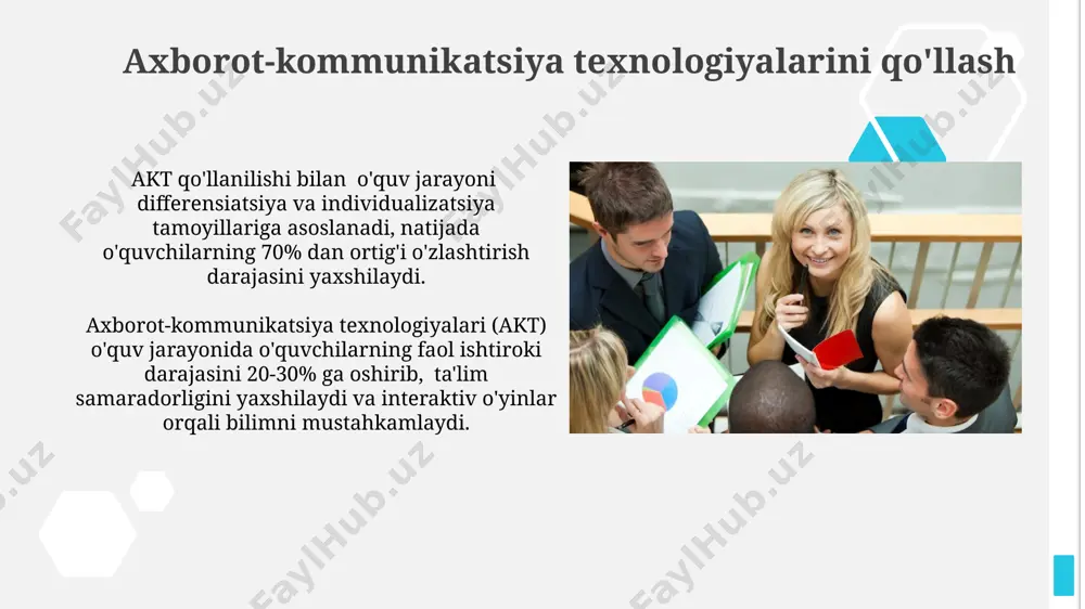 'qituvchi va o'quvchilar o'rtasidagi ishonchli munosabatlar, o'quv jarayonining samaradorligini 20-30% ga oshirishi mumkin, bu esa ijobiy emotsional muhit yaratish orqali ta'minlanadi. samarali o'zaro ta'sirda, o'qituvchi o'quvchilarning individual ehtiyojlarini hisobga olib, kamida 3 ta turli o'quv usullaridan foydalanishi kerak. sinf boshqaruvi va disiplinani saqlash sinfdagi shovqin darajasini 30 db ga tushirish maqsadida, muloqot qoidalarini va o‘zaro hurmatni o‘rgatish samarali intizom strategiyasidir. sinf boshqaruvida 5 dan ortiq o‘quvchini bir vaqtda jalb qilish imkoniyatini beradigan samarali o‘yinlar va faoliyatlarni qo‘llash, intizomni mustahkamlashga yordam beradi. baholash va monitoring monitoring natijalari tahlili asosida 20% o'quvchilarning o'qishdagi qiyinchiliklarini aniqlash va ularga individual yordam berish dasturi ishlab chiqilishi kerak. o'quv yilining birinchi va ikkinchi yarmida o'tkaziladigan monitoring natijalari taqqoslanishi o'quv jarayonining samaradorligini aniqlashga yordam beradi. e'tiboringiz uchun rahmat @taqdimot_robot image1.jpg image2.jpg image3.jpg image4.jpg image5.jpg image6.jpg image7.jpg image8.jpg image9.jpg image10.jpg image11.jpg image12.jpg