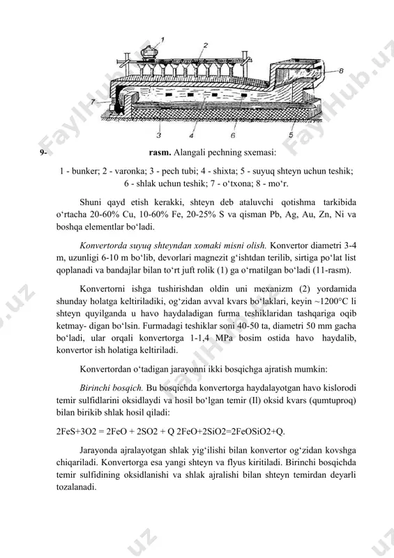 linadigan metalldan begona qo‘shimchalar miqdoriga u qadar katta talablar qo‘yilmasa, alangali pechlarda havo haydab rafinirlanadi. bunda pechga kiritilgan xomaki mis suyultirilgach, unga diametri 20-40 mm li o‘tga chidamli material bilan qoplangan po‘lat traba tushirilib, u orqali metall sathiga 0,2 mpa (2 atm) bosimda havo haydaladi. havo kislorodi ta’sirida 4[cu]+02=(2cu20) hosil bo‘ladi hamda metalldagi qo‘shimchalar al, si, mn, zn, sn, fe, ni, rb, s, sb, as, vi lar ham oksidlanadi: [me] + [su2o] = [meo] + 2cu; bir vaqtda cu2s + 2cu2o = 6cu + so2 reaksiya ham boradi. hosil bo‘layotgan oksidlarning bir qismi sb2o3, rbo, zno pech gazlari bilan atmosferaga chiqib ketsa, boshqalari a12o3, sio2, fe2o3 shlakka o‘tadi. bunda ag va au oksidlanmay, qaytarilgan mis tarkibida bo‘ladi. begona jinslarni oksidlanish davri tugagach, metallni gazlardan tozalash uchun shlak pechdan chiqarilib, metall vannaga ma’lum miqdorda pista ko‘mir kukuni (metall oksidlanmasligi uchun) kiritiladi. keyin diametri 200-300 mm.li uzun ho‘l qayin yoki qayrag‘och tayoq …